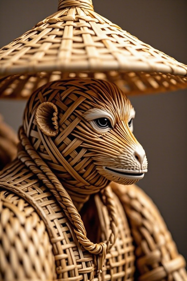 Handwoven,solo,1boy,fine and dense weaving of bamboo strips,creative design,bamboo silk bamboo weaving primary color,hat,upper body,male focus,blurry,black eyes,no humans,alien,1 monkeys with fine,monkey,<lora:models/4414/f2697c8c.safetensors:0.8:0.8>