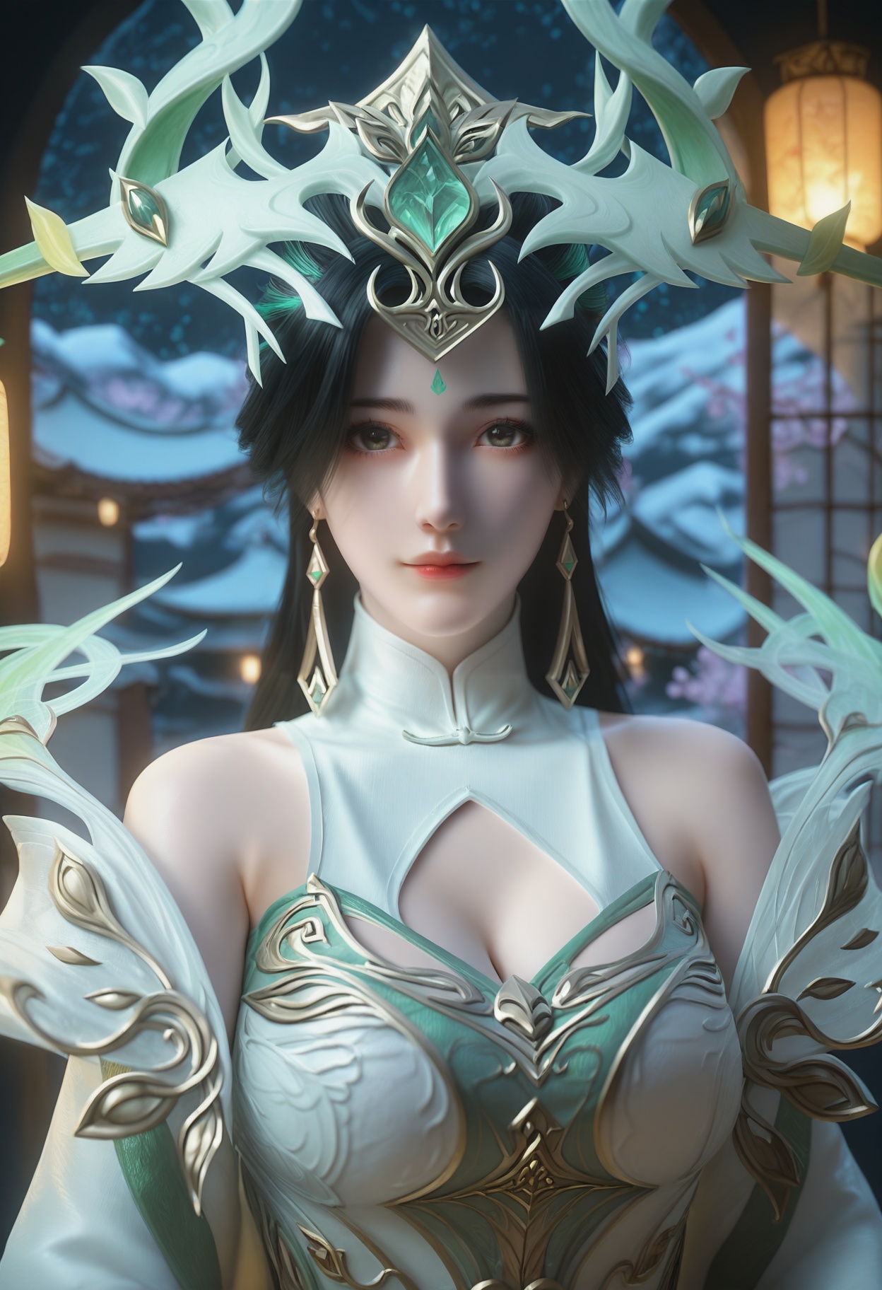 Liu_shen,1girl,long hair,black hair,hair ornament,dark background,earrings,jewelry,facial mark,forehead mark,green hair,bare shoulders,streaked hair,multicolored hair,<lora:Liu_shen_10_illu-000008:0.75>,dress,white dress,long sleeves,cleavage cutout,chinese clothes,wide sleeves,photorealistic,hyperrealistic,<lora:realistic filter [IL]:1>,looking at viewer,(pale skin:0.9),standing,(upper body:1.5),close up,head shot,lantern,open window,looking at viewer,indoors,mountains,blossoms,flowers,east asian architecture,beautiful sunrise,warm ambient temperature,