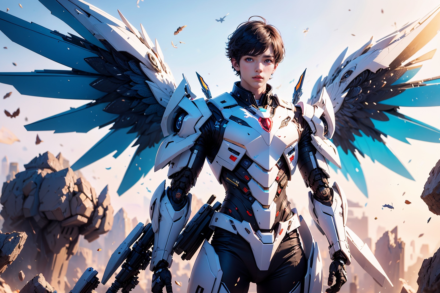 1boy,concept artwork,black hair,(a lonely solo boy:1.4),sky,wing,wings with fans,graphics card fan,strong male mecha warrior,mighty and domineering,cool mecha,32k,blue and white color scheme,white armor,white_background,standing,cowboy_shot,<lora:ASuo_v1:1>,