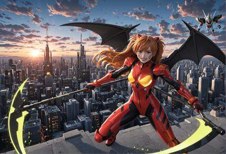 (masterpiece:1.4), (best quality:1.4), (anime screencap style), (ultra-detailed anime illustration), (dynamic cel shading), (clean lineart), (bold shadows), (high-resolution stylized anime), (perfect composition), (saturated cinematic lighting:1.2), (toon-style rim light), (glow effects), (dramatic backlight), (colorful palette), (anime-style depth of field), (stylized focus), (sharp anime shading), (smooth gradients), (action lines),kantoku, ebifurya, ixy, tony taka, bacun, zankuro, naga u, merunyaa, nyantcha, rariatto \(ganguri\),(1girl:1.3), solo, (souryuu asuka langley:1.4), (beautiful anime girl in stylized emo goth outfit), (long red twin tails with black ribbon), (black eyeliner, dark red eyeshadow, black lipstick), (intense yandere anime eyes, wide smile), (looking at viewer with unhinged expression), (stylized neural interface ports on face and neck), (crazy cute yandere vibe)(deathscythe gundam + EVA-02 fusion mech armor:1.4), (stylized mechanical armor with demonic details), (purple-red-black palette), (oversized energy scythe), (floating mechanical wings), (anime-stylized mechanical limbs and glowing cores), (cybernetic bodysuit with armored plating), (mecha limbs with elegant detailing), (flashing red highlights and pulsing circuits), (toon-style power surges and glow)(dynamic full-body pose mid-attack), (high-speed combat stance), (energy effects, slashing motion lines), (anime FX trails)(stylized cyberpunk cityscape), (neon tokyo skyline), (dramatic anime sunset lighting), (vibrant glowing signs, energy conduits), (stylized city in background, distant silhouette mountains), (anime clouds, shimmering sky), (comic panel framing), (cinematic landscape shot)