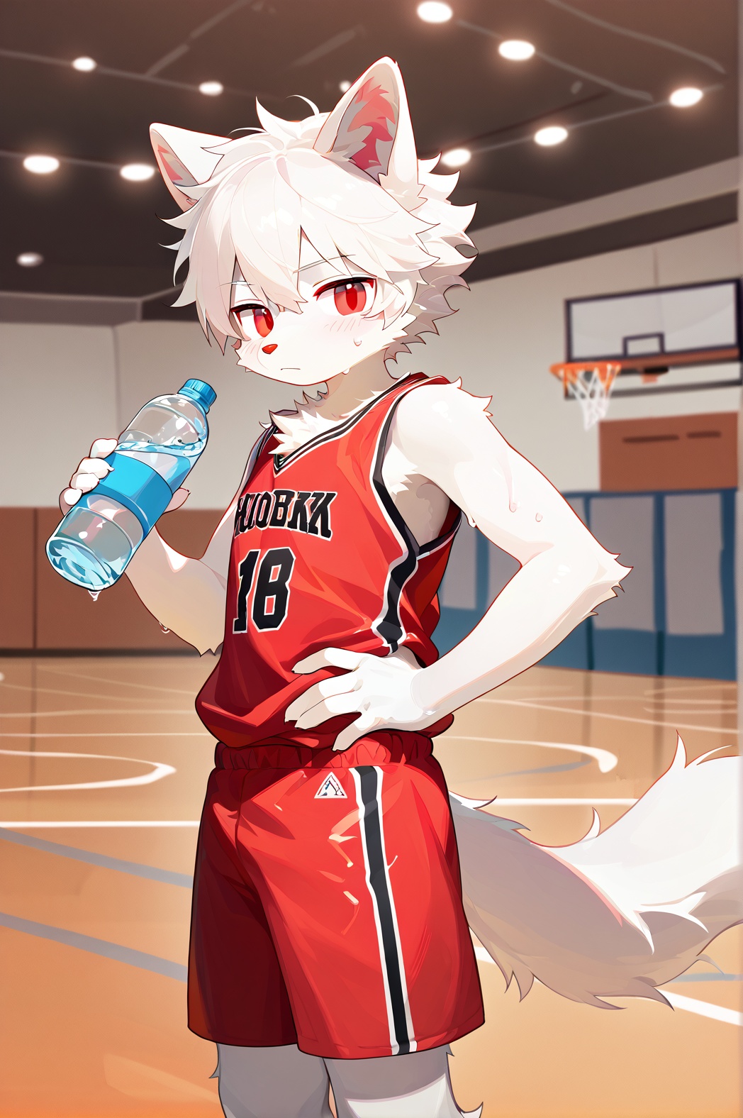 solo,male focus,(white hair,red eyes),indoors,basketball court,looking at viewer,red sleeveless,red shorts,sweat,one hand on hip,holding water bottle,hand on hip,depth of field.,body fur,furry,
