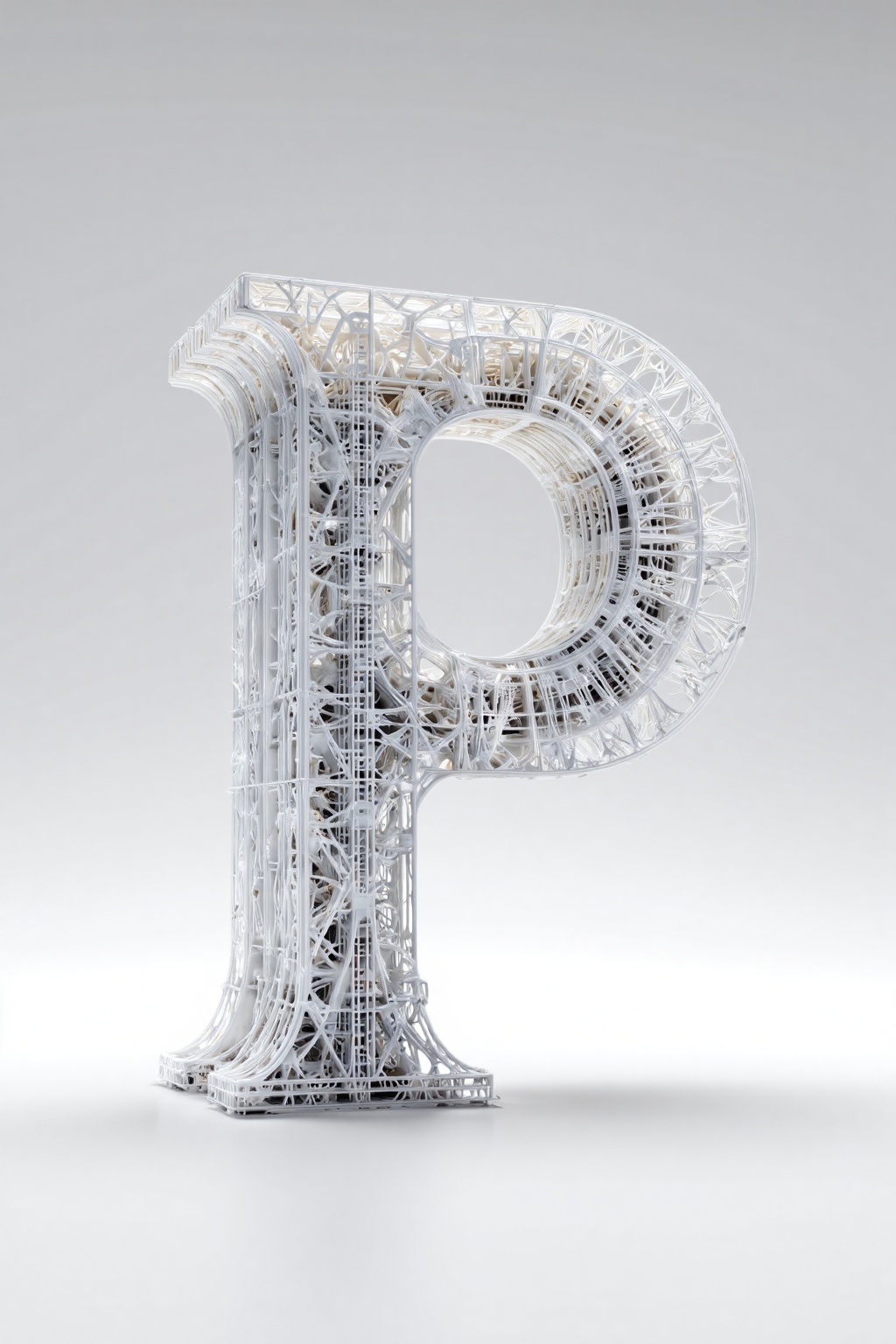 beijihui,3D icon design of letter 'P',**** of a 3D-printed lattice scaffold in matte white polymer with intricate openwork,hyperrealistic,hyperdetail,front view,studio lighting,100mm lens,white solid background,