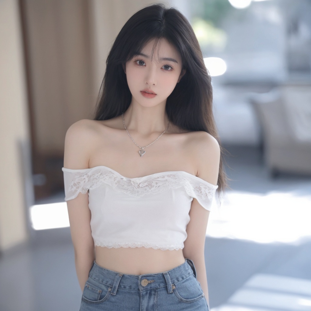 1girl,arms_behind_back,bare_shoulders,black_hair,blurry,blurry_background,blurry_foreground,breasts,brown_eyes,collarbone,cowboy_shot,depth_of_field,heart,jewelry,lips,long_hair,looking_at_viewer,motion_blur,necklace,off_shoulder,parted_lips,photo_\(medium\),pov,pov_hands,shorts,solo_focus, <lora:sifang_20231118123505:0.6>