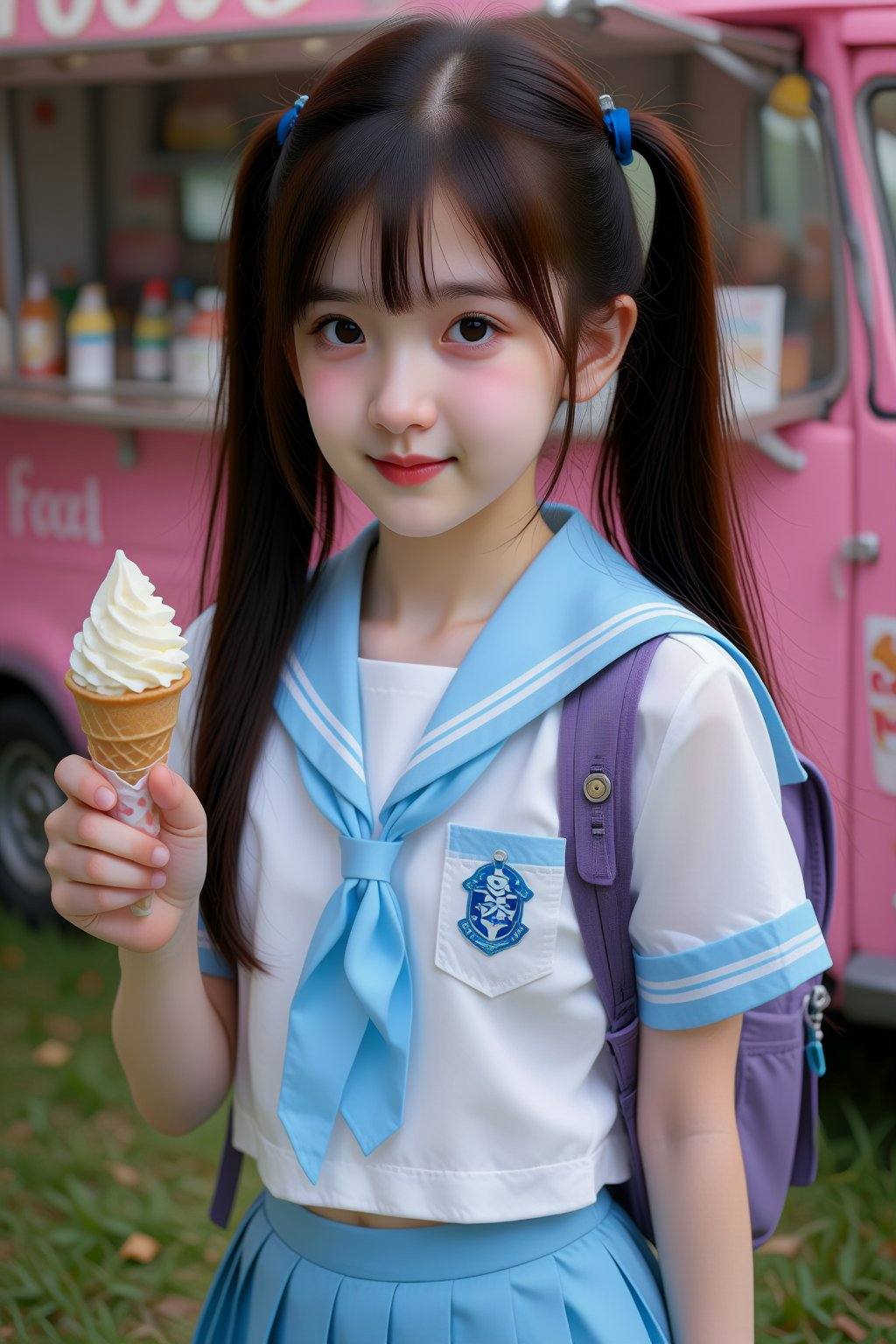 The image depicts a young Asian woman with fair skin and long black hair styled in twin ponytails. She has a round face wi...