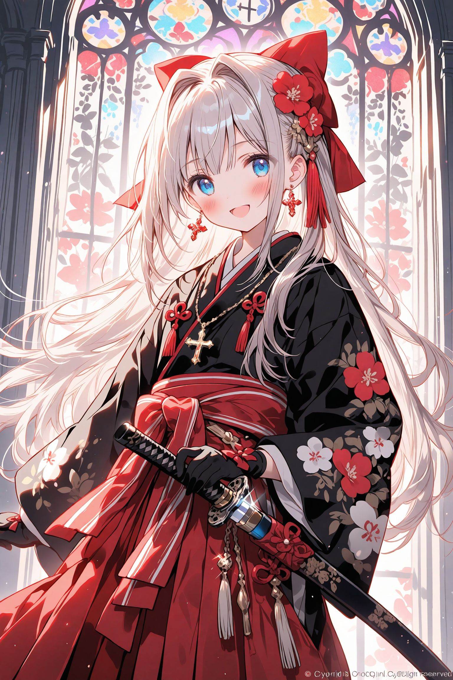 loli 1girl solo weapon blue eyes sword long hair hair ornament gloves japanese clothes holding weapon hair flower flower sheath black gloves holding bow looking at viewer cross holding sword hair bow unsheathing kimono smile stained glass glint watermark floral print standing indoors wide sleeves company name open mouth jewelry long sleeves hakama skirt holding sheath grey hair hakama skirt red bow gun earrings red skirt sidelocks katana twitter username cross earrings cross necklace :d white hair cowboy shot sheathed ribbon hair intakes holding gun hair ribbon very long hair red hakama necklace copyright name black kimono tassel sash artist name,<lora:lp23-000051:0.8>,