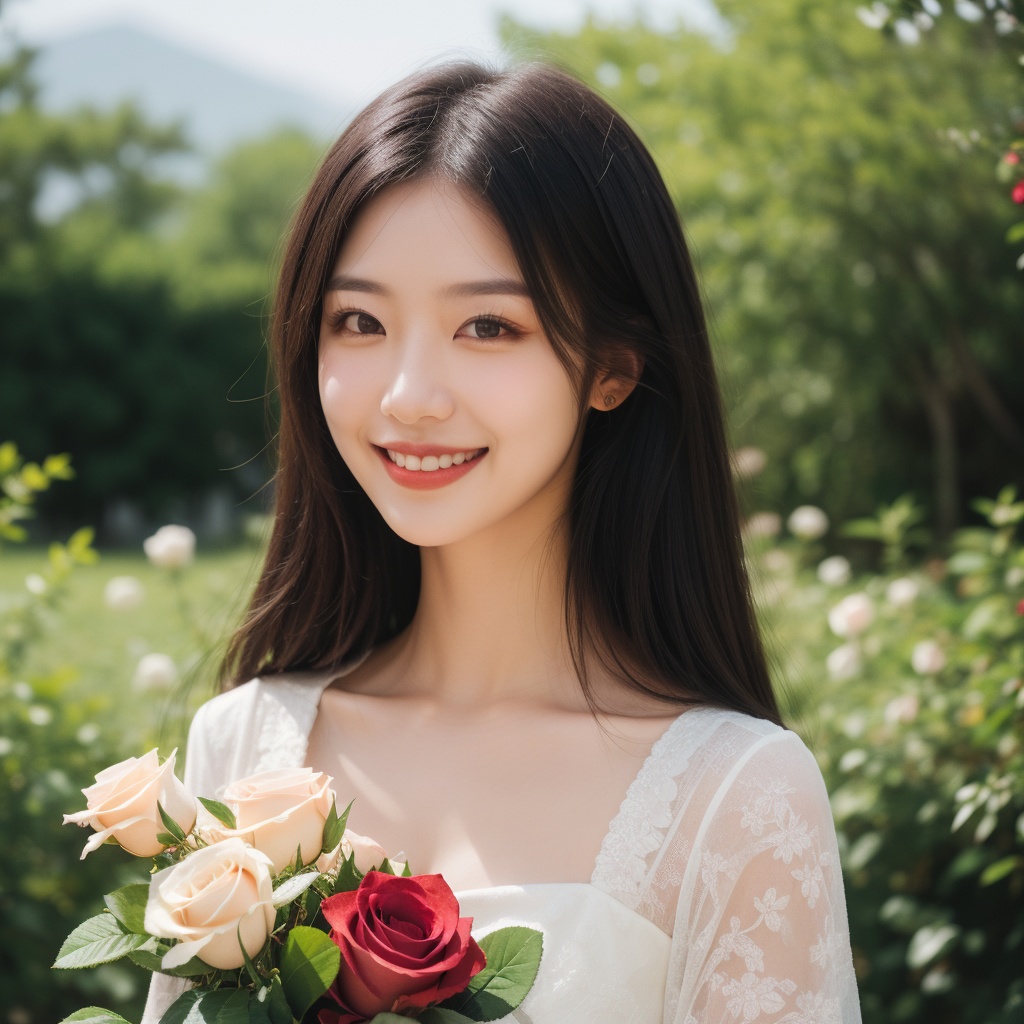 masterpiece,best quality,1girl,Ultra-realistic 8k CG,masterpiece,best quality,(photorealistic:1.4),HDR,absurdres,Professional,RAW photo,lens flare,(film grain:1.1),Bokeh,((Depth of field)),studio light,a woman in a red dress,a bouquet of roses and looking at the camera with a smile on her face,1girl,black_hair,bouquet,brown_eyes,dress,flower,lips,long_hair,looking_at_viewer,smile,solo,Highly detailed,Professional,extreme detail description,