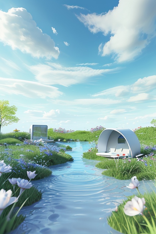 pd_3dcaodi,spring,nature,no humans,outdoor,blue sky,white clouds,green lawn,blue water,<lora:PD_3Dcaodi_V1-000014:0.7>,