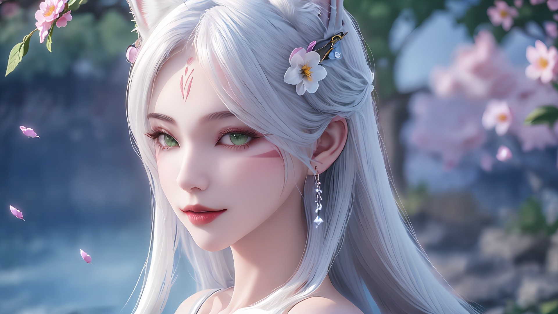 1girl,animal ears,solo,green eyes,breasts,long hair,dress,facial mark,white hair,flower,blurry background,hair ornament,looking at viewer,white dress,hair flower,blurry,tail,animal ear fluff,jewelry,fox ears,bracelet,lips,pink flower,smile,from side,sideboob,bare shoulders,wolf ears,closed mouth,forehead mark,<lora:girl xiaobai_20240912002955:0.8>,