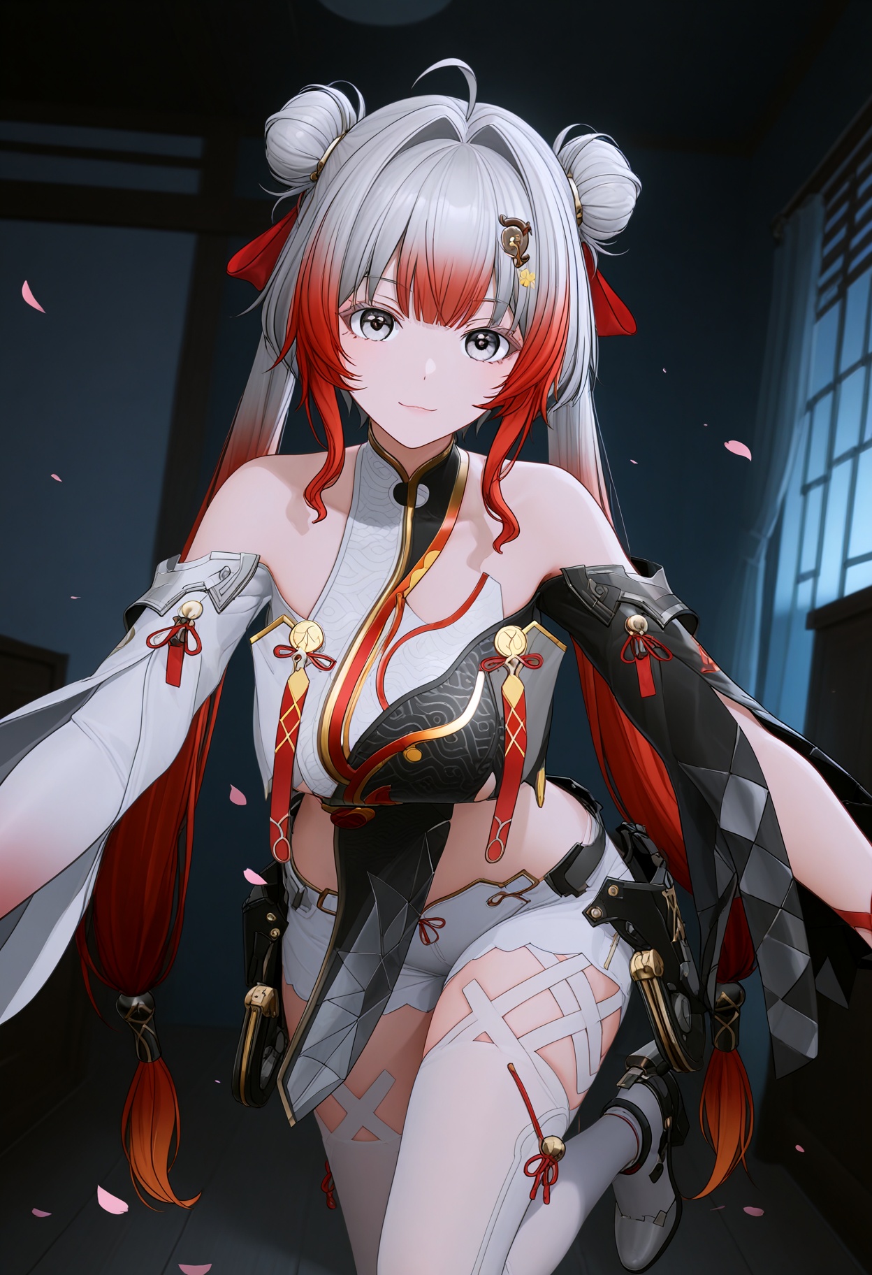 (upper_body:1.2),looking at viewer:1.1,masterpiece,(best quality),(mutated_hands:-1.2),(bad hands:-1.2),smog,Dark room,dim lighting,peach blossom,falling petals,<lora:YQ_Illustrious光辉二次元v1_卜卜_V1:0.8>,q1528437228,1girl,solo,red hair,multicolored hair,grey hair,long hair,hair ornament,gradient hair,hair bun,double bun,chinese clothes,twintails,grey eyes,dress,detached sleeves,gloves,hair intakes,thighhighs,white pantyhose,white thighhighs,shorts,high heels,two-tone hair,pelvic curtain,thighs,white shorts,