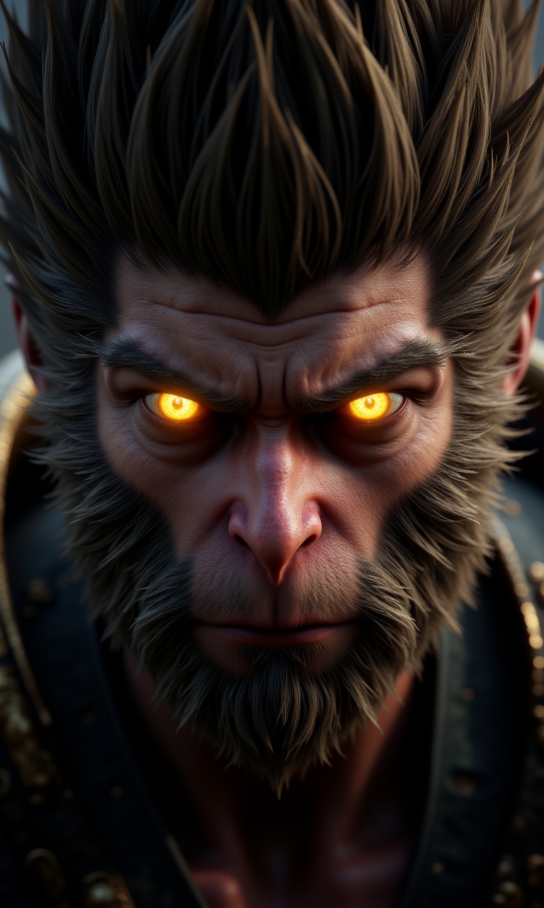 JQZX, Sun WuKong, wukong, front poster, glowing golden eyes, sneer, close up, (art), light and shadow, depth of field, surrealist style, 8k pixel, hd