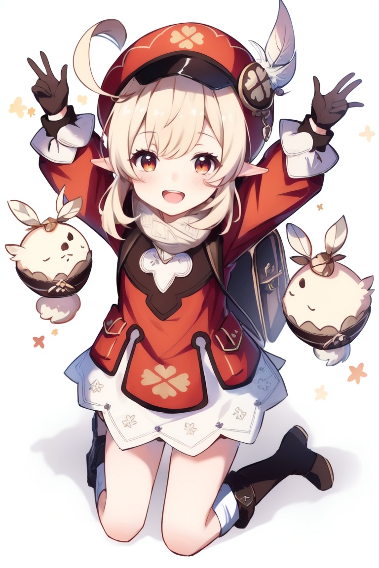 ((HRD, HUD, 8K)),((masterpiece, best quality)), highly detailed,Klee, 1girl, klee (genshin impact), solo, ahoge, hat, bangs, gloves, smile, sidelocks, twintails, boots, long hair, clover print, brown footwear, looking at viewer, brown scarf, pointy ears, long sleeves, :d, hat feather, brown gloves, low twintails, hair between eyes, backpack, dodoco (genshin impact), light brown hair, coat, bag, socks, pocket, bloomers, scarf, jumpy dumpty, open mouth, cabbie hat, arms up, knee boots, underwear, randoseru, red coat, red headwear, full body, simple background, kneehighs, hat ornament, white background, kneeling, orange eyes, charm (object), bag charm, red eyes, looking up, stuffed animal, stuffed toy,  <lora:20240702-1719916281946:0.8>