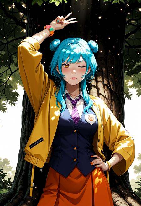 Smooth Quality, <lora:Avatar-Anime-Style2:1> In the Avatar Animation style, giant tree village,nail polish,blush,purple necktie,nijisanji,bracelet,yellow jacket,skirt,v,marinat0530,hand on own hip,virtual youtuber,one eye closed,hair bun,loose necktie,necktie,orange skirt,solo,umise yotsuha,arm up,blue vest,looking at viewer,orange eyes,highres,jacket,1girl,vest,striped necktie,double bun,blue hair,jewelry