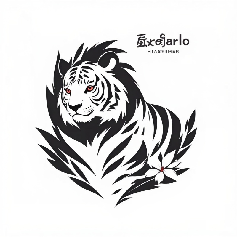 ((HRD, HUD, 8K)),((masterpiece, best quality)), highly detailed,logo, no humans, monochrome, white background, solo, simple background, tiger, flower, english text,  ,<lora:熊猫动漫画风logo (3):1>,