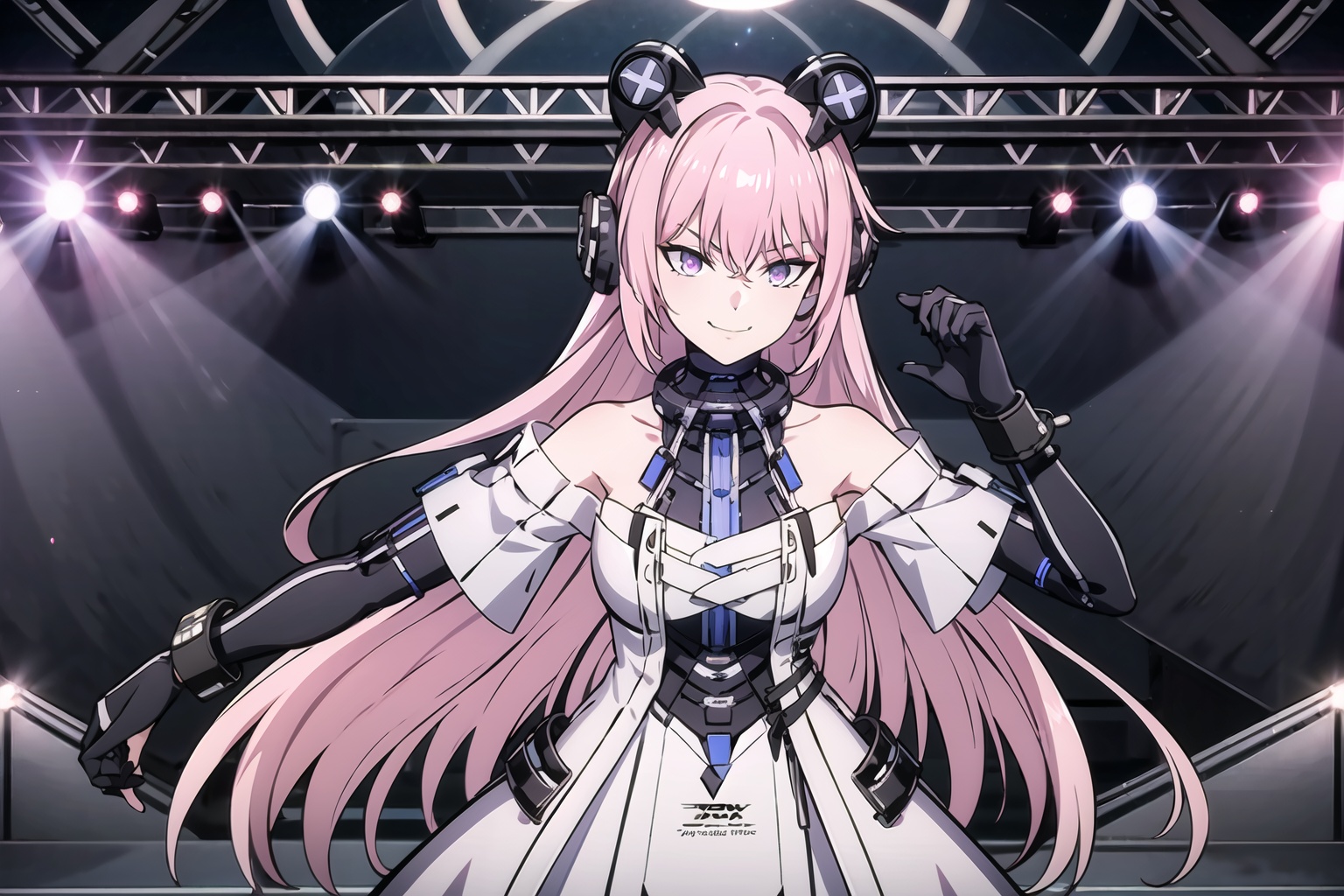 masterpiece,best quality,cowboy shot,(stage),night,stage lights,1girl,solo,bangs,bare_shoulders,dress,gloves,long_hair,pink hair,looking at viewer,headset,(large breasts),(smirk),sumg,closed mouth,dancing,<lora:add_detail:0.2>,<lora:buou144:0.7>,