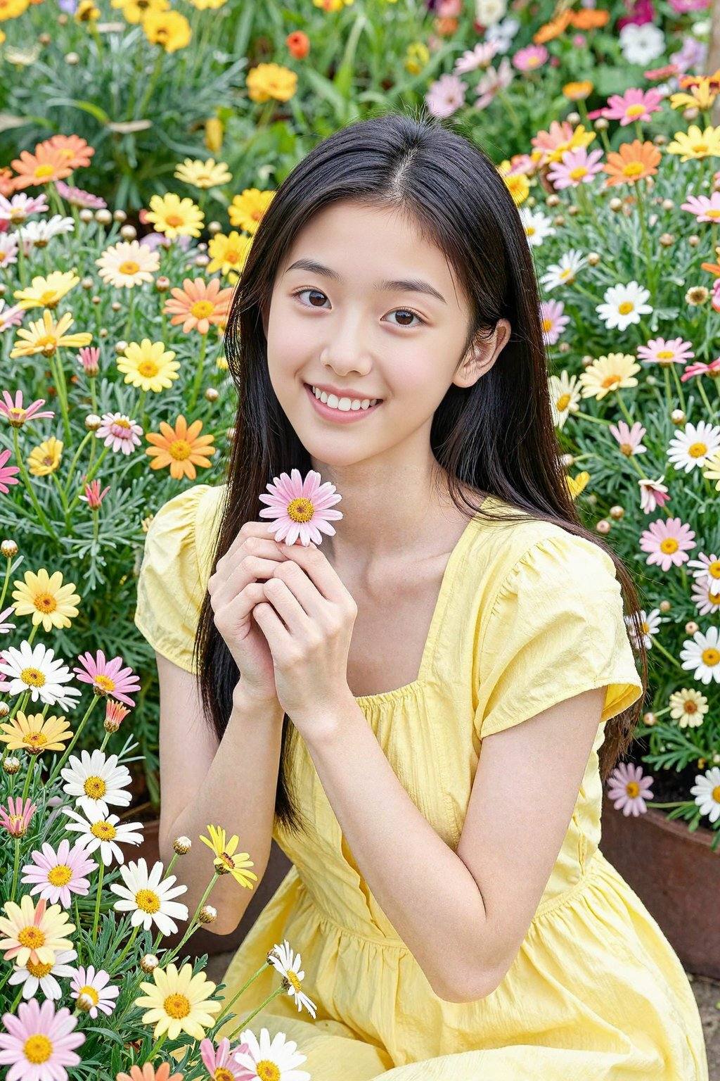 <lora:20260302_TinZITSharpnessSliderLora_v1_000000060:4>, The image is a high-resolution photograph capturing a young Asian woman with a fair complexion and long, straight black hair. She is smiling warmly at the camera, exuding a sense of happiness and contentment. She is wearing a simple, short-sleeved yellow dress that contrasts beautifully with the vibrant flowers surrounding her. The flowers are a mix of daisies in various shades of yellow, orange, pink, and white, creating a lush, colorful garden backdrop. The woman's hands are gently holding a pink daisy, and her expression is one of genuine joy and connection with nature. The flowers are in full bloom, with their petals slightly closed, giving a soft, delicate appearance. The background is filled with green foliage and more flowers, creating a rich, immersive garden scene. The overall mood of the photograph is serene and uplifting, emphasizing the beauty of nature and the simple pleasure of being surrounded by flowers. The image is well-lit, with natural light enhancing the vivid colors and textures of both the flowers and the woman's skin.
