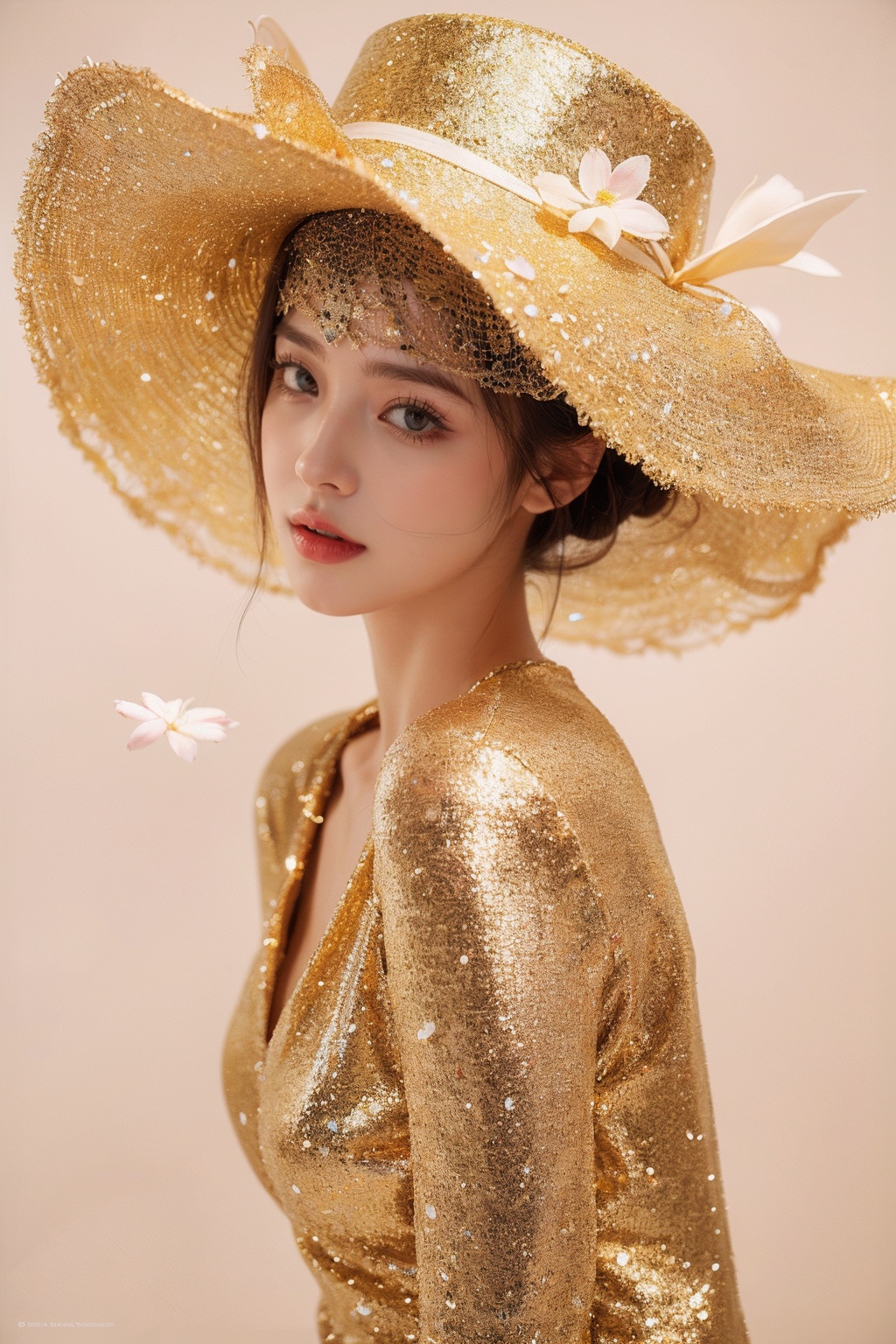 (1girl:1.1),stars in the eyes,(pure girl:1.1),(full body:0.6),There are many scattered luminous petals,contour deepening,white_background,cinematic angle,gold powder,<lora:jin_20231226224140-000003:0.7>, 