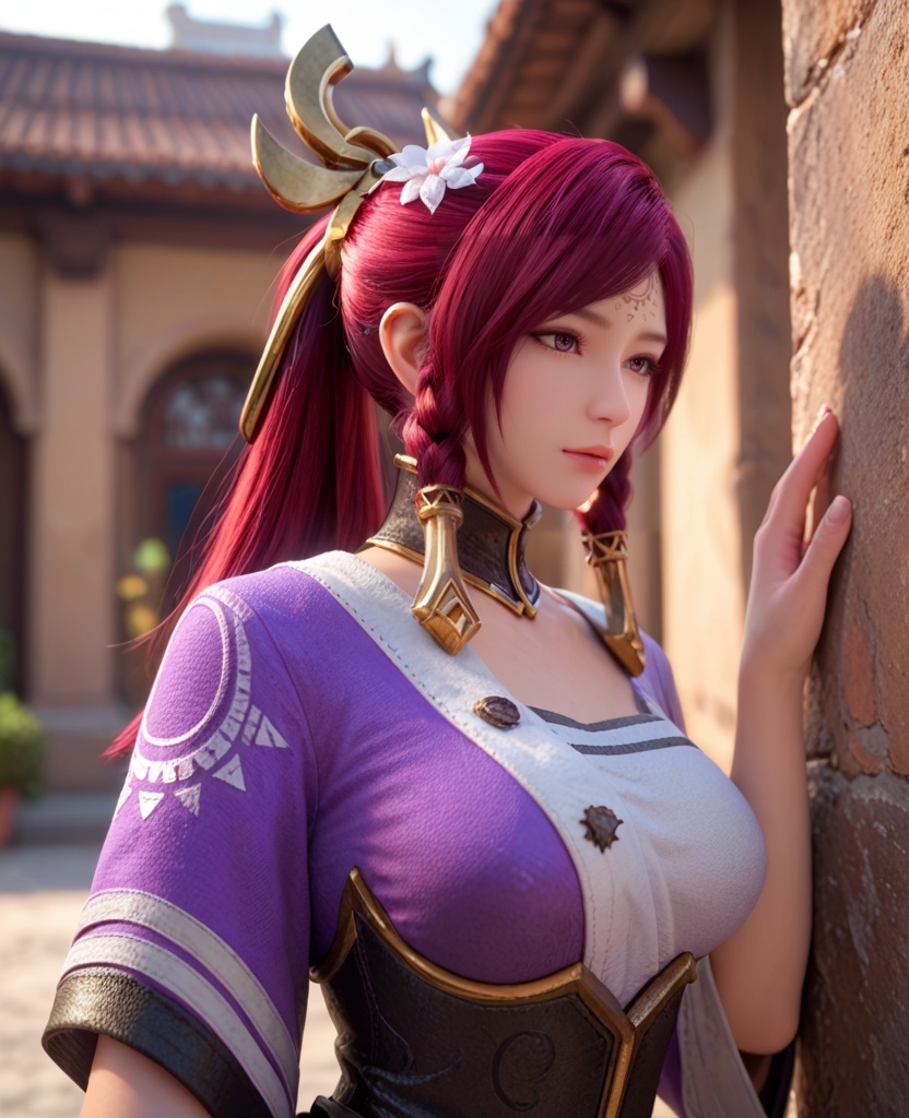 (oriental architecture, elegant decor, sophisticated style:1.1),(Leaning against a wall,:1.1),(large breasts:1.2),<lora:XL王者荣耀伽罗:0.8>,miss jialuo,purple right side robe layered on top of white sarashi,red hair,ponytail,twin braids,hair ornament,hair tubes,detached collar,armored dress,forehead mark,bangs,purple eyes,hair flower,white thighhighs,, score_9,score_8_up,score_7_up,score_6_up,score_5_up,score_4_up,3d rendering,tag1,tag2, Cinematic Lighting,backlighting,, zPDXL3, zPDXL2,zPDXL, zPDXLxxx, zPDXLrl,