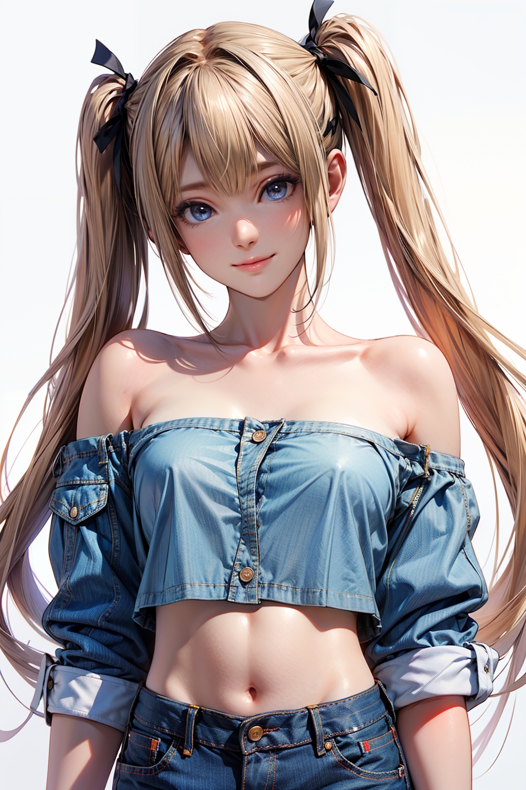 perfect hands,pretty hands,Best quality,masterpiece,ultra high res,high quality,8k,wallpaper,fine lineart,highly detailed,absurdres,upper body,(waving:1.1),marie rose,1girl,solo,breasts,navel,white background,small breasts,looking at viewer,standing,simple background,closed mouth,bandeau,smile,denim shorts,bare shoulders,collarbone,open fly,strapless,midriff,front view,<lora:marierose2rface:0.7>,<lora:女生Add More Details - Detail Enhancer _ Tweaker (细节调整) LoRA_v1.0:0.5>,twintails,