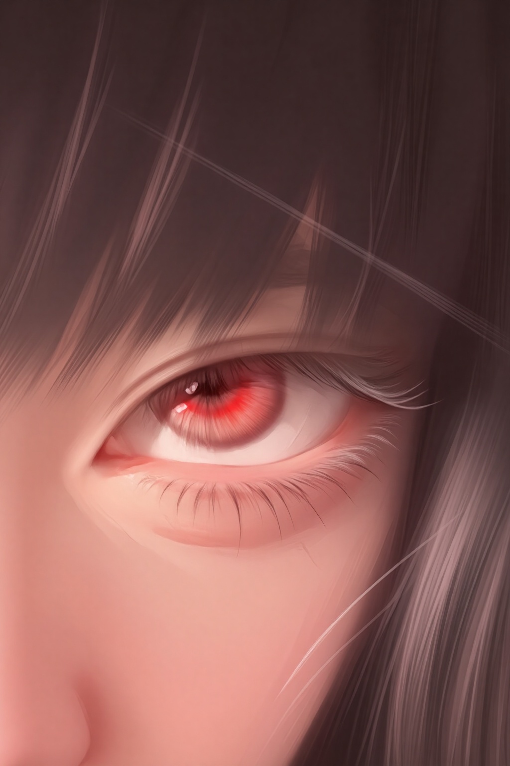 ZOZ_HEHUHU,ZOZ_YM,The image depicts a close-up of a persons eye,with long eyelashes and dark hair partially covering the eye. The eye itself is strikingly red,with a vivid,glowing effect. Inside the eye,there is a prominent red heart symbol,which stands out against the red background. The lighting is soft and creates a dramatic effect,emphasizing the eyes details and the heart symbol. The background is mostly out of focus,with a subtle pink hue that complements the eyes color scheme.,