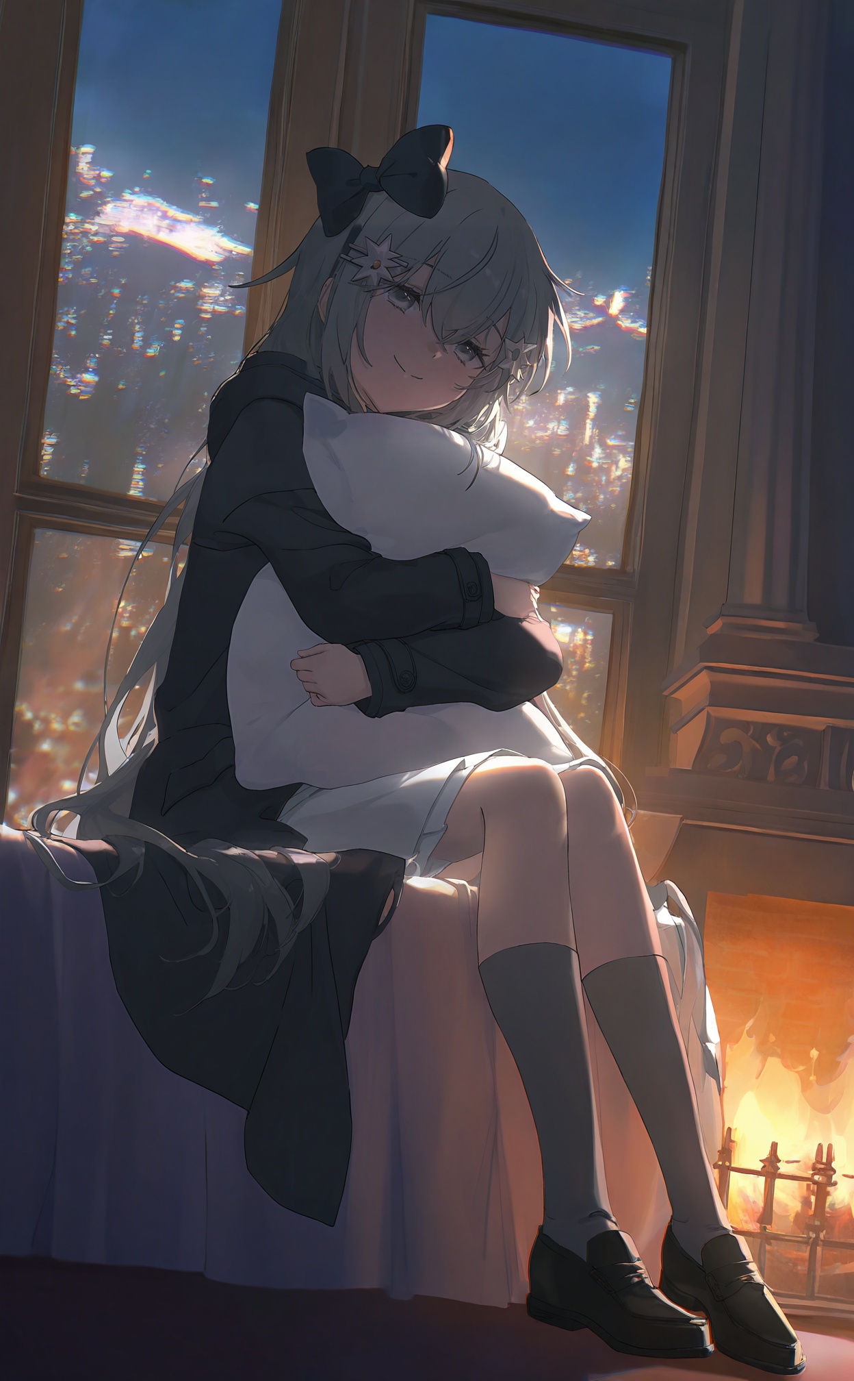 masterpiece,highres,absurdres,newest,best quality,high quality,loli,petite,chromatic_aberration,//,(1girl:0.6),thin,very long hair,grey hair,deep grey hair end,grey eyes,(detailed eyes),small breasts,(black coat),white lining,white skirt,socks,shoes,closed mouth,(happy),smile,star hairpin,Bow head,sitting in bed,hugging Pillow,{white flower},cityscape in window,pantyhose,fireplace,(dark night),masterpiece,best quality,official art,extremely detailed CG unity 8k wallpaper,cozy anime,backlight,(wide shot:0.95),Dynamic angle,fanxing,(full body),cozy anime,//,<lora:konya_karasue2——【noob】hans:0.8>,
