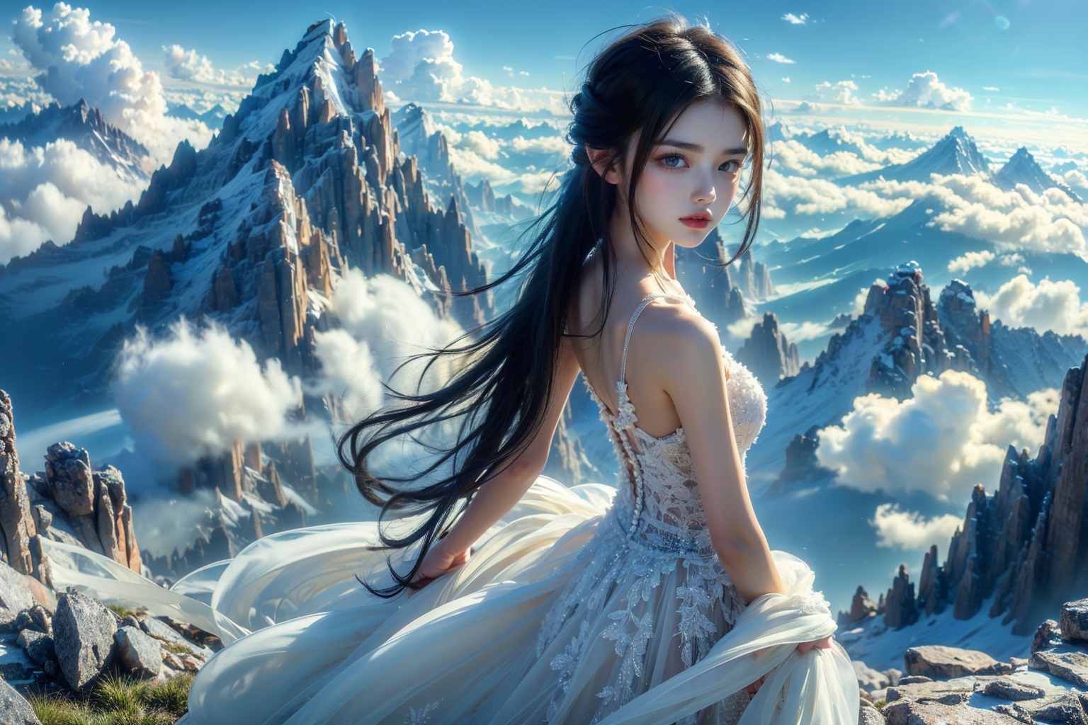 sdzs01,1girl,long hair,mountain,solo,cloud,white dress,black hair,looking at viewer,outdoors,blue sky,bare shoulders,cloudy sky,scenery,<lora:sdzs1.5:0.8>,, best quality, ultra-detailed, masterpiece, finely detail, highres, 8k wallpaper