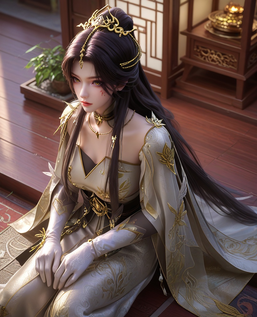 (oriental architecture, elegant decor, sophisticated style:1.1),(Elbows on knees, head resting on her hands,:1.1),From a high-angle vantage point,looking downwards,(large breasts:1.2),<lora:XL16云深不知梦羲和白色战斗服:0.95>,miss xihe,silvery white tiered dress,shawl,yellow eyes,facial mark,black hair,absurdly long hair,traditional chinese updo with long front strands,hair ornament,jewelry,sash,gloves,tights with attached boots,, score_9,score_8_up,score_7_up,score_6_up,score_5_up,score_4_up,3d rendering,tag1,tag2, Cinematic Lighting,backlighting,