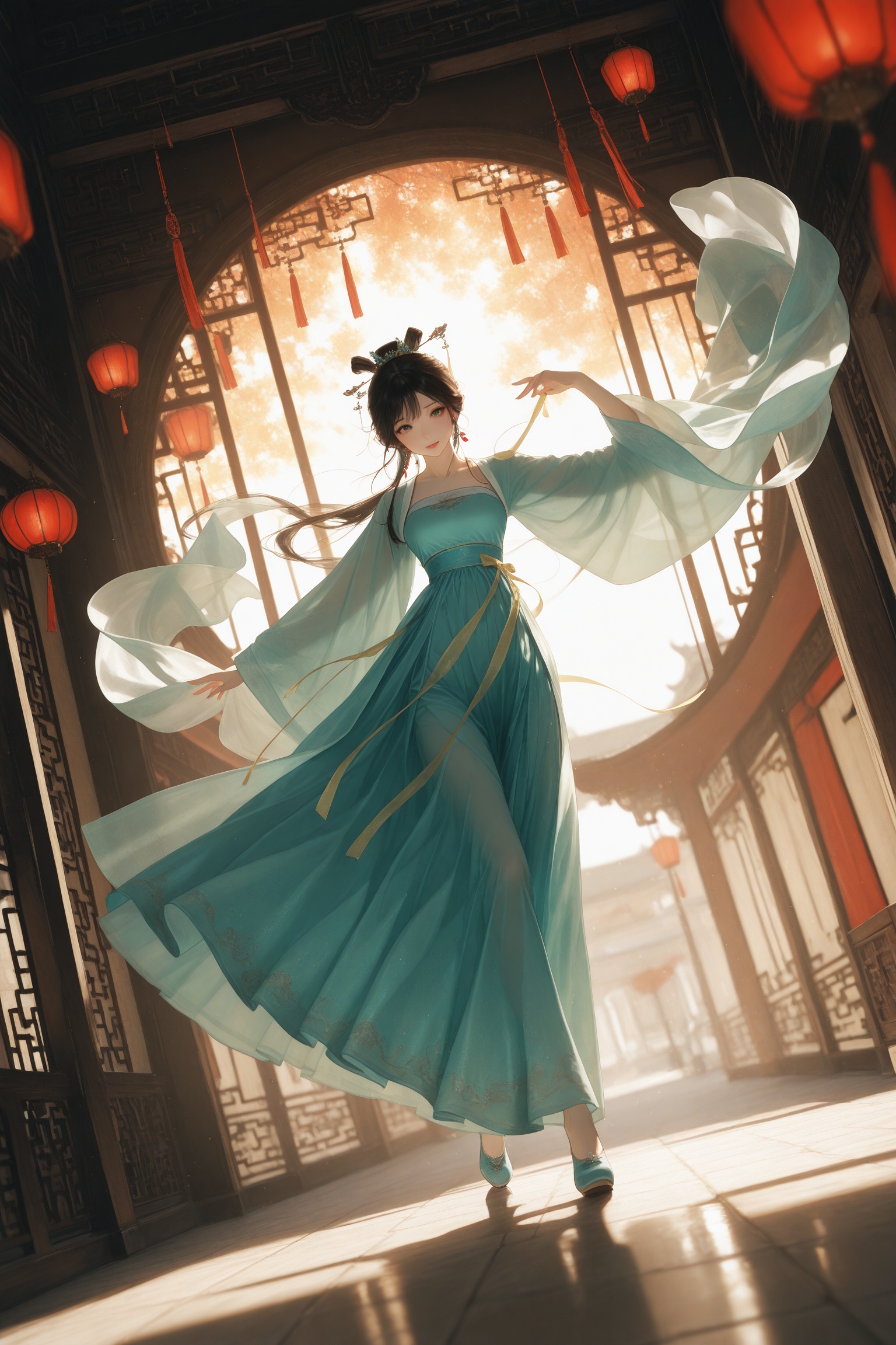 masterpiece,best quality,amazing quality,very aesthetic,absurdres,newest,chinese_new_year,a lively street,hanfu,chinese clothing,china_dress,long_skirt,extreme aesthetic,in the style of fashion photography,light particles,cinematic lighting,Visual impact,sharp focus,Emotionalization,depth of field,scenery,dynamic pose,dutch angle,dance movements,slender build,