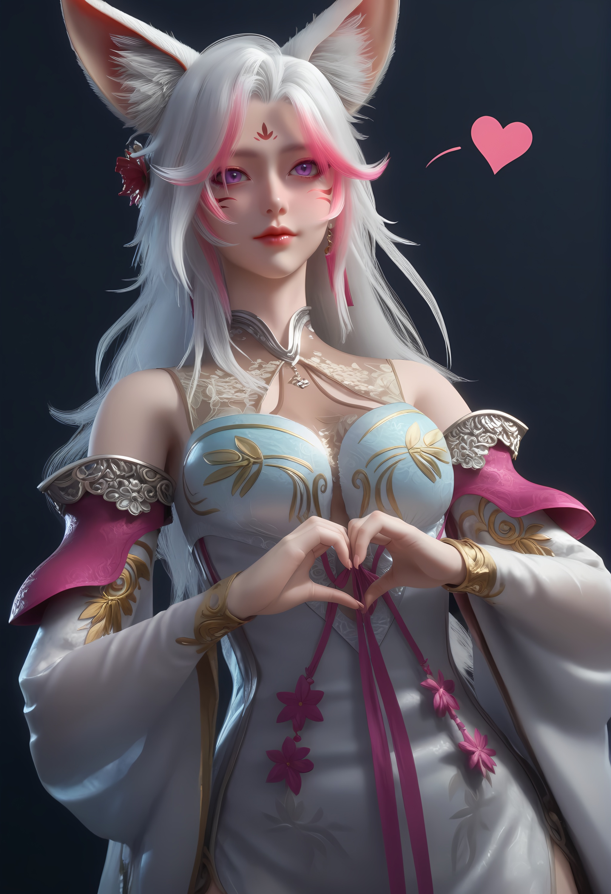 (score_9),cowboy shot,<lora:Sfox-apony:0.83>,sfox,1girl,solo,purple eyes,fox ears,streaked hair,animal ear fluff,long hair,white hair,facial mark,forehead mark,hair flower,jewelry,see-through cleavage,dress,detached sleeves,pink sash,<lora:Expressive_H-000001:0.8>,light blush,front view,looking at viewer,spoken heart,dutch angle,dynamic_angle,heart hands,mature female,collarbone,pointy breasts,puffy breasts,cleavage,see-through cleavage,<lora:e肤色滑块:0.35>,fair_skin,(pale_skin),(white_skin),light skin,ultra-detailed skin texture,detailed textures,BREAKsimple background,black background,
