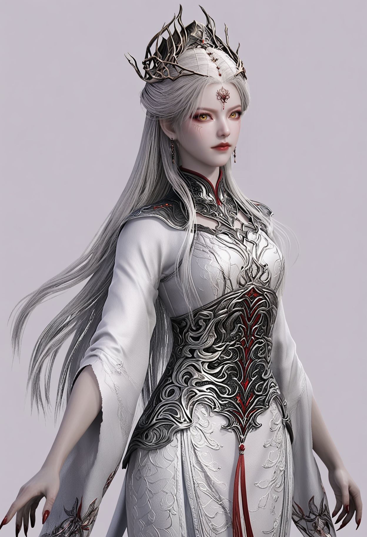 score_9,high detail,best quality,shiny skin,shiny,asxieshen,1girl,solo,yellow eyes,long hair,white hair,white background,realistic,closed mouth,jewelry,dress,hair ornament,earrings,simple background,facial mark,forehead mark,white dress,makeup,wide sleeves,red lips,looking at viewer,thighs,<lora:QQSponyasxieshenV1:0.8>,<lora:Pony_DetailV2.0:0.8>,<lora:皮肤凹痕:0.1>,