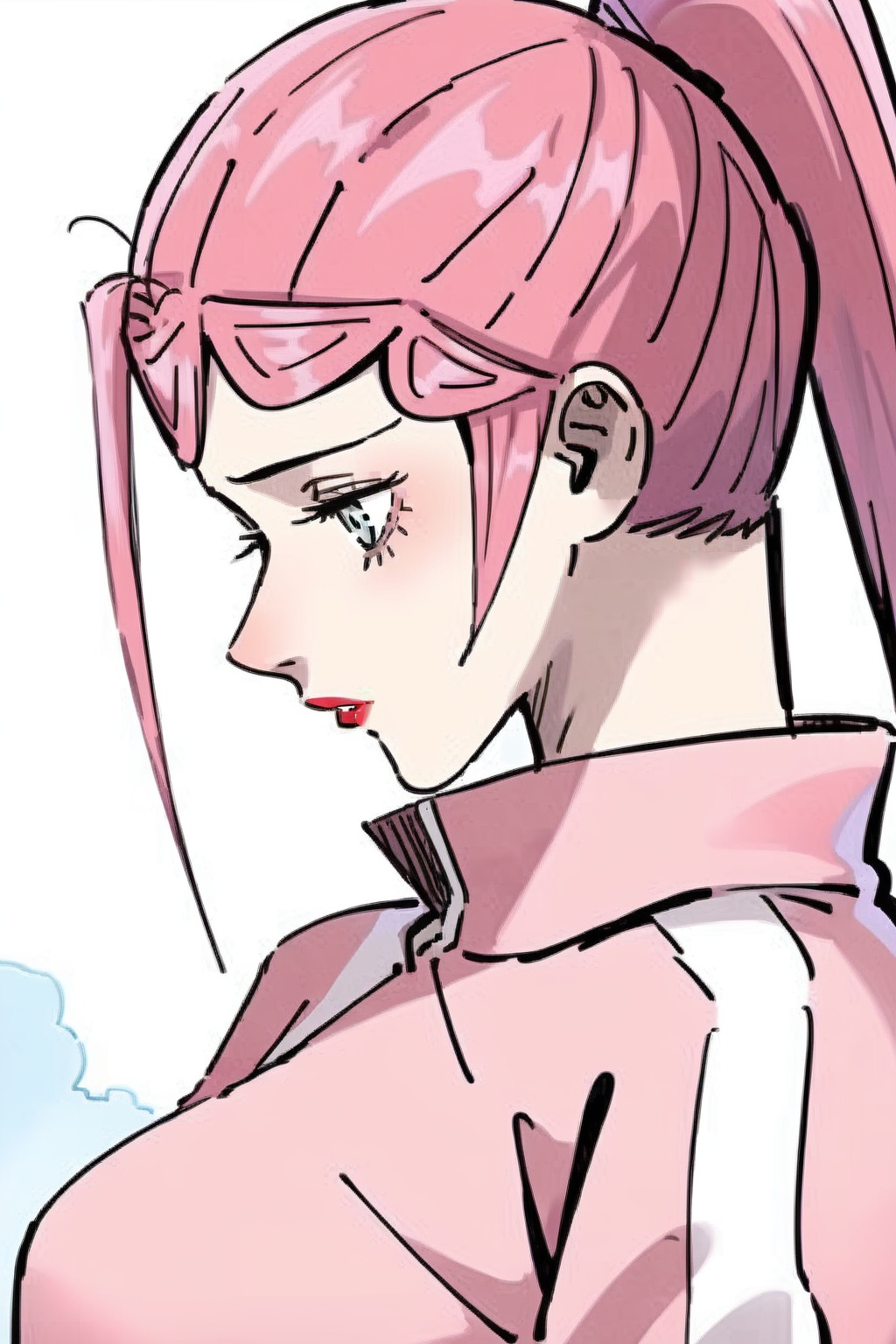,lyy,1girl,solo,long hair,jacket,upper body,ponytail,pink hair,profile,makeup,lipstick,track jacket,pink jacket,<lora:龙羽音pony (5):1>