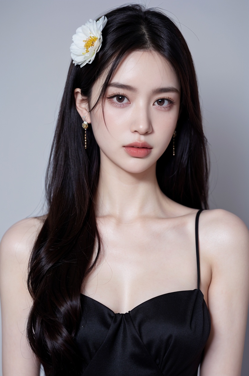 1girl, solo,(front view:1.2),(looking_at_viewer:1.4),(eye-contact:1.4),,black hair, long hair, jewelry, realistic, earrings, hair ornament, black eyes, lips, collarbone, parted lips, flower, watermark, upper body, portrait, hair flower, dress, web address,  <lora:YG红颜阁美女4:0.8>,