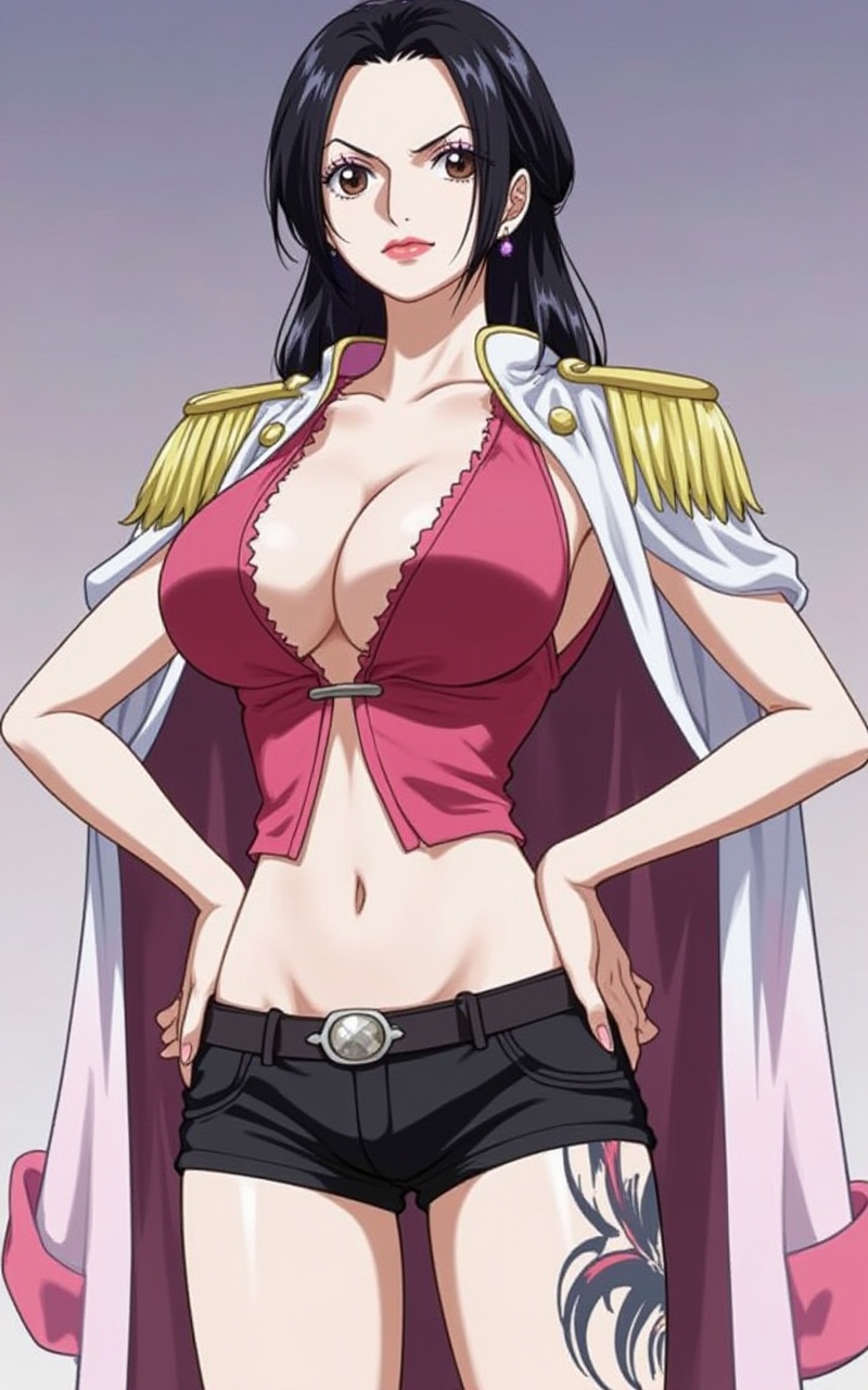 <lora:桃兔8:1.2>,zhiyuan,1girl,breasts,solo,tattoo,black hair,epaulettes,hands on own hips,cleavage,shorts,large breasts,earrings,jewelry,long hair,brown eyes,lipstick,makeup,black shorts,short shorts,looking at viewer,nico robin,2,cover,simple background,gradient background,close-up details,outstanding style,adding a touch of dimension to your images without compromising details,close-up,lvjing,<lora:油画唯美滤镜15:0.3>,baoshi,lvjing,<lora:DJ滤镜_动画版7:0.4>,lvjing,