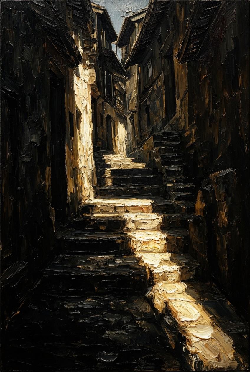 tot_art,  A dramatic impasto oil painting of a narrow,  winding alley with steep stone steps climbing upwards. Strong chia...