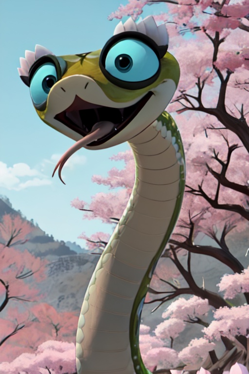 Masterpiece,Best Quality,master viper,snake,grass,feral,solo,<lora:master viper-000008:1>,headdress,open mouth,perfection detail,extreme detail,cherry blossoms,teeth,face_focus,tongue out,forked tongue,
