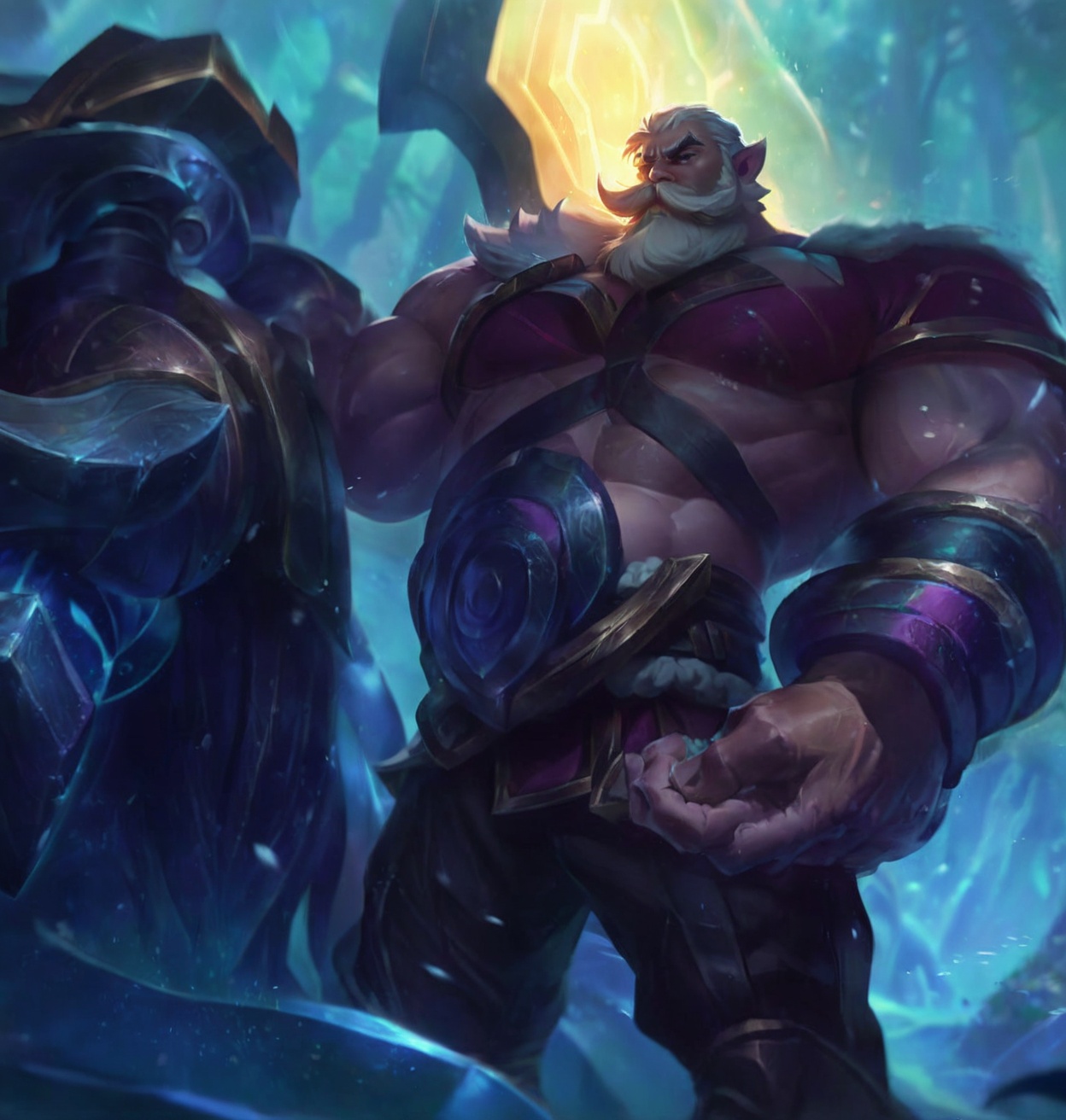 1man,The power of Demacia, Broom in League of Legends,(wet skin:0.6), (muscular:1.331),  beard, male_pubic_hair,(overweight:1.1), old_man(40 years old:1.2),(bodyhair:1.331), full body in the frame,A tall shield as a man on his arm,grey_beard,(masterpiece:1.2),best quality,masterpiece,original,perfect lighting,looking at the viewer,8K,cinematic,geometric abstraction,film,walking from forest,League of Legends style in the background, <lora:XL_LOLMan:0.7>