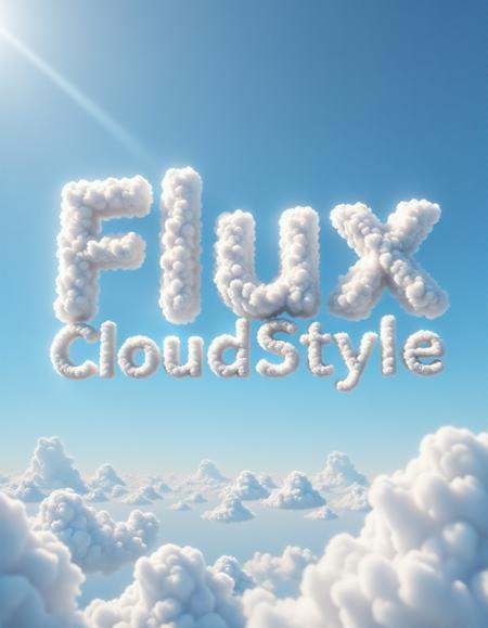 Clear blue daytime sky with soft,  fluffy white clouds scattered across. In the center of the image,  the text 'Flux-Cloud...