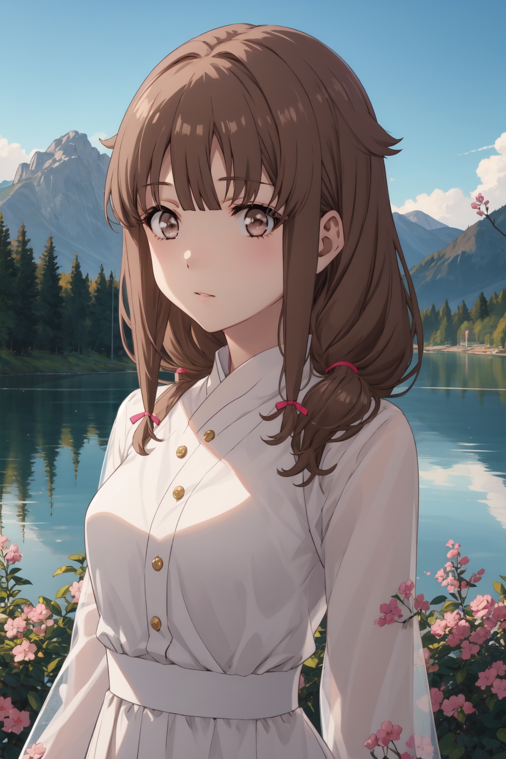 <lora:Kaede-000015:0.8>,Kaede CYQL,1girl,looking at viewer,solo,brown_hair,long_hair,bangs,brown_eyes,twintails,Embroidered mesh maxi dress with bell sleeves,Tsundere,upper_body,Lake, Wildflowers, Mountains, Reflection, Colors, Serenity, Tranquility,(Grapevines, Harvested grapes, Vineyard rows, Wooden barrels, Harvest festival, Golden hour:0.5),beautiful detailed sky,beautiful detailed glow,posing in front of a colorful and dynamic background,masterpiece,best quality,beautiful and aesthetic,contrapposto,female focus,wallpaper,