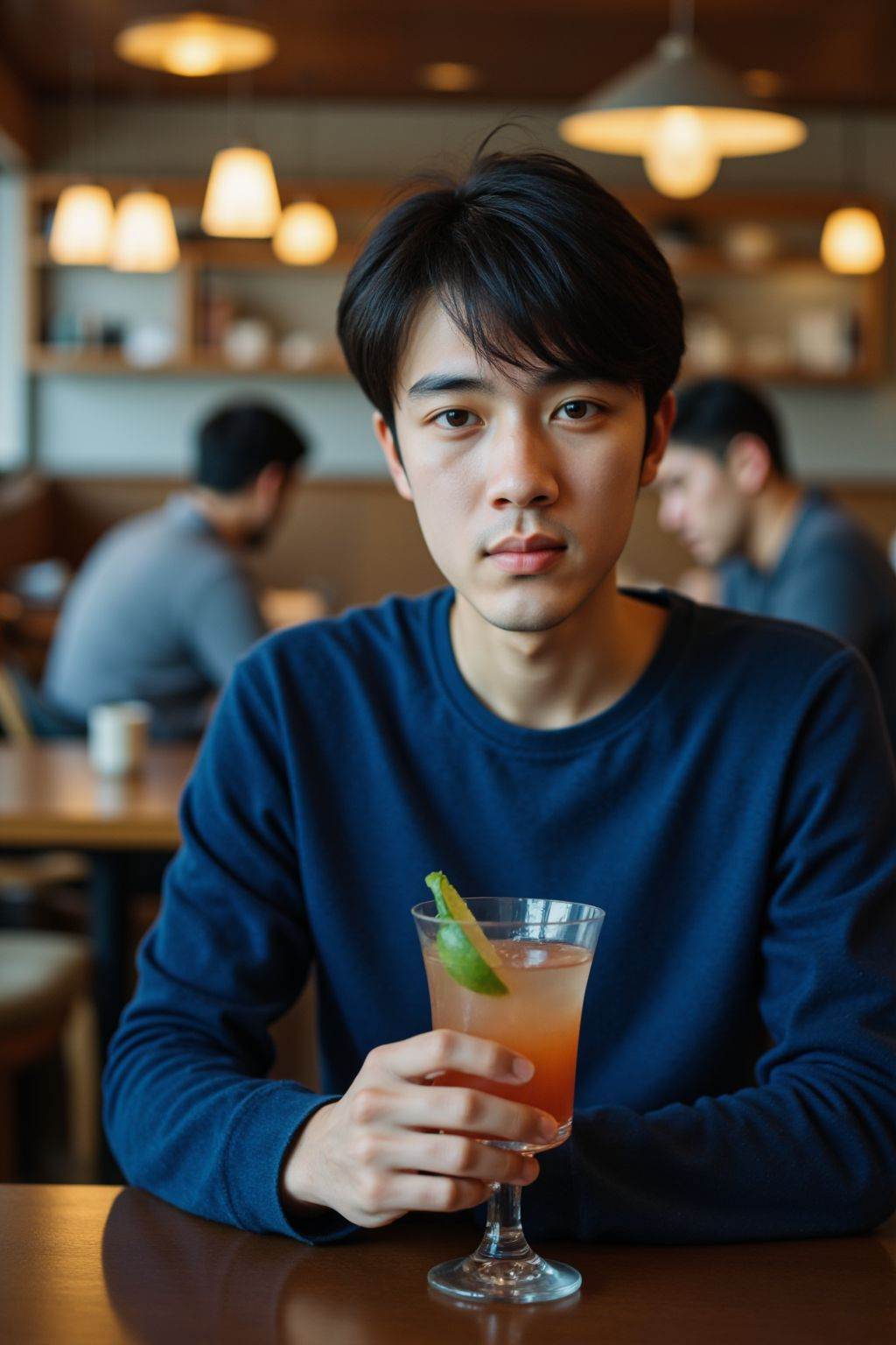 HDR photo of cinematic film still This photograph captures a young Asian man with black hair, fair skin, seated in a modern, warmly lit restaurant. He wears a blue long-sleeved top and holds a cocktail glass with a lime wedge. In the background, other patrons, including a man in a grey shirt, are seated at tables. The decor features contemporary lighting fixtures and a mix of wood and metal accents. The atmosphere is casual yet sophisticated, with a focus on contemporary design and comfort. . shallow depth of field, vignette, highly detailed, high budget, bokeh, cinemascope, moody, epic, gorgeous, film grain, grainy . High dynamic range, vivid, rich details, clear shadows and highlights, realistic, intense, enhanced contrast, highly detailed