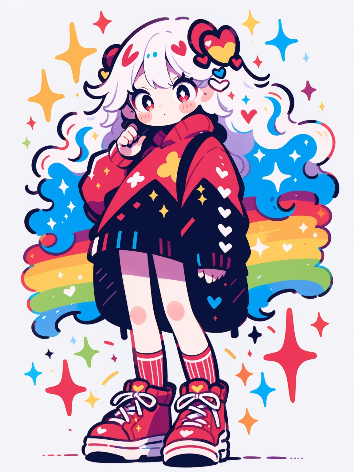 HTTP, 1girl, solo, long hair, multicolored clothes, hair ornament, sparkle, white hair, shoes, white background, heart hair ornament, full body, long sleeves, striped, red footwear, blush, socks <lora:HTTP_20231126194709-000006:1>