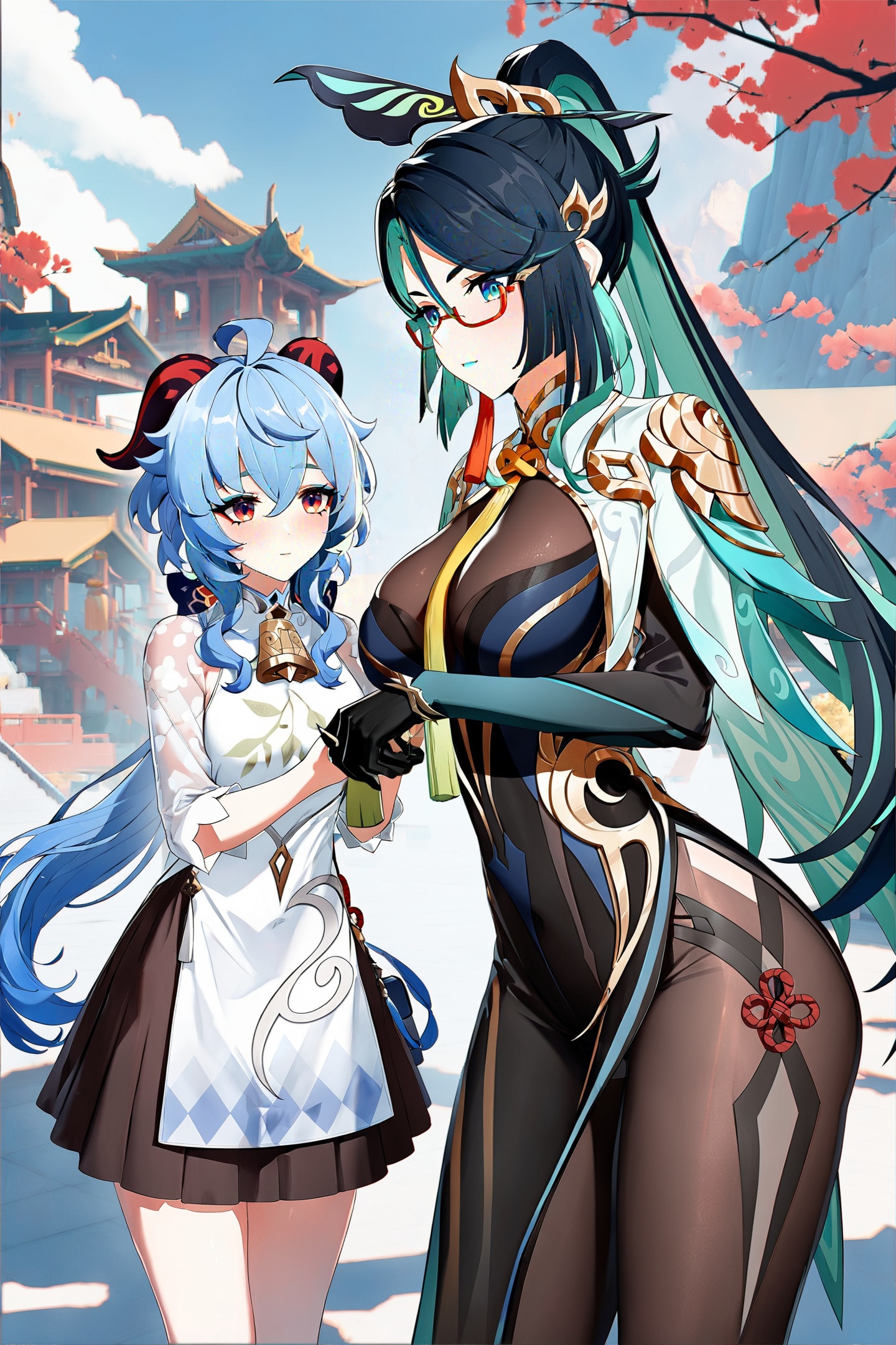 8k, best quality, masterpiece, (ultra-detailed:1.1), (high detailed skin), <lora:ganshenxian-A3-Tanger-000010:0.7>, 2girls, Ganyu's casual clothes, ganyu \(genshin impact\), Xianyun \(genshin impact\), Xianyun's def clothes, 