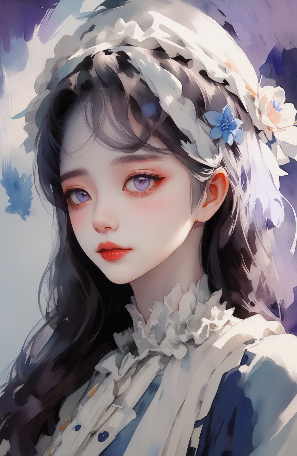 a Minority girl,minority makeup,Delicate white purple and blue headdress,in the style of mystical portraits,busts,black backgrounds,rich colors,character design,ethnic art,watercolor,ink style,masterpiece,best quality,<lora:Victoria_维多利亚:1>,
