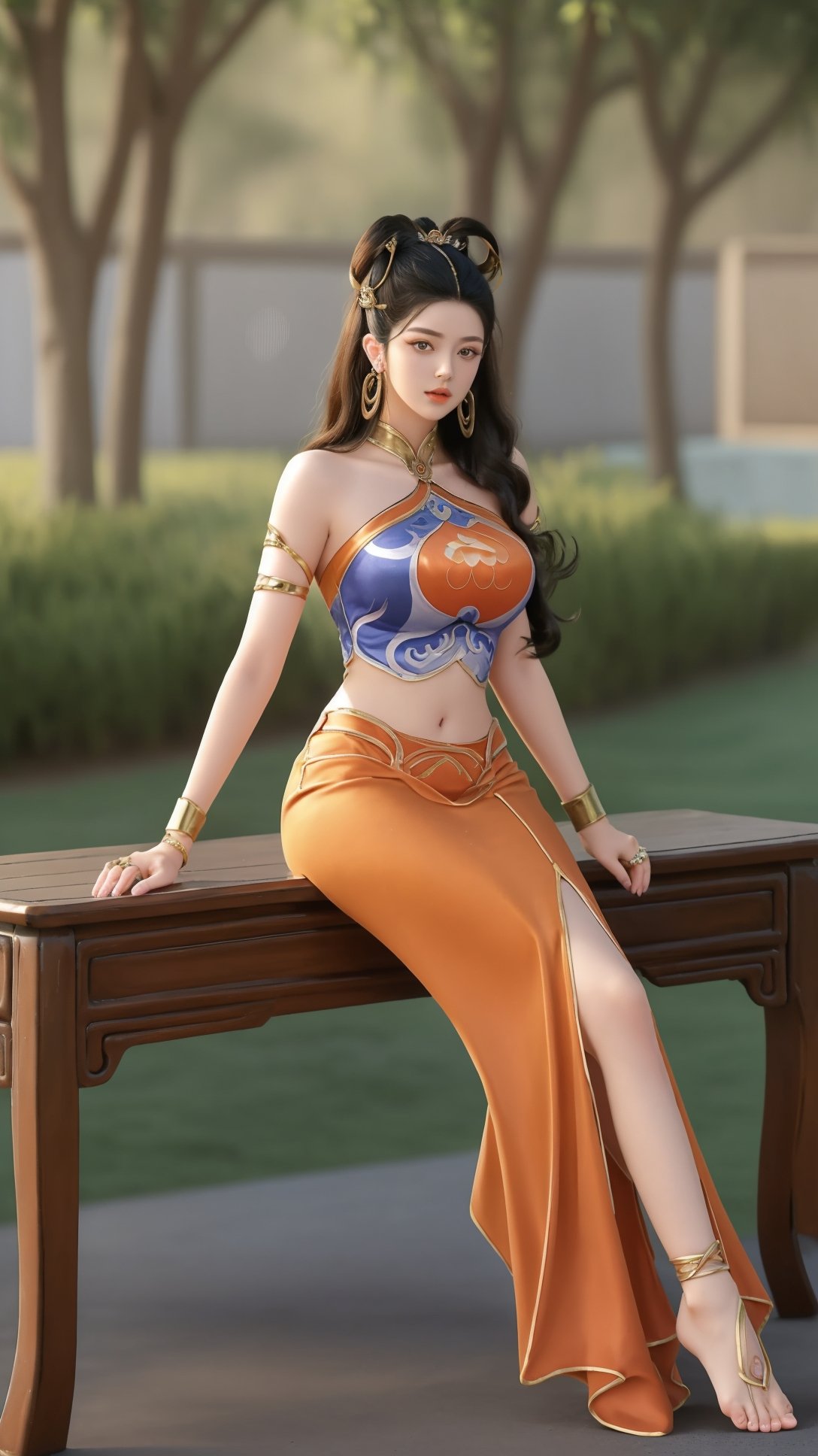 (1girl),smooth chin,masterpiece,detailed face,((hair ornament:1.2)),top quality,4k,make up,best quality,large breasts,(looking at viewer),ribbon,arms behind back,shawl,detached sleeves,forehead mark,legs,on street,full body,sitting on table,<lora:王者杨玉环遇见飞天_v1.0:0.9>,(big hair ring:1.5),hair ribbon,chinese clothes,orange skirt,midriff,anklet,armlet,