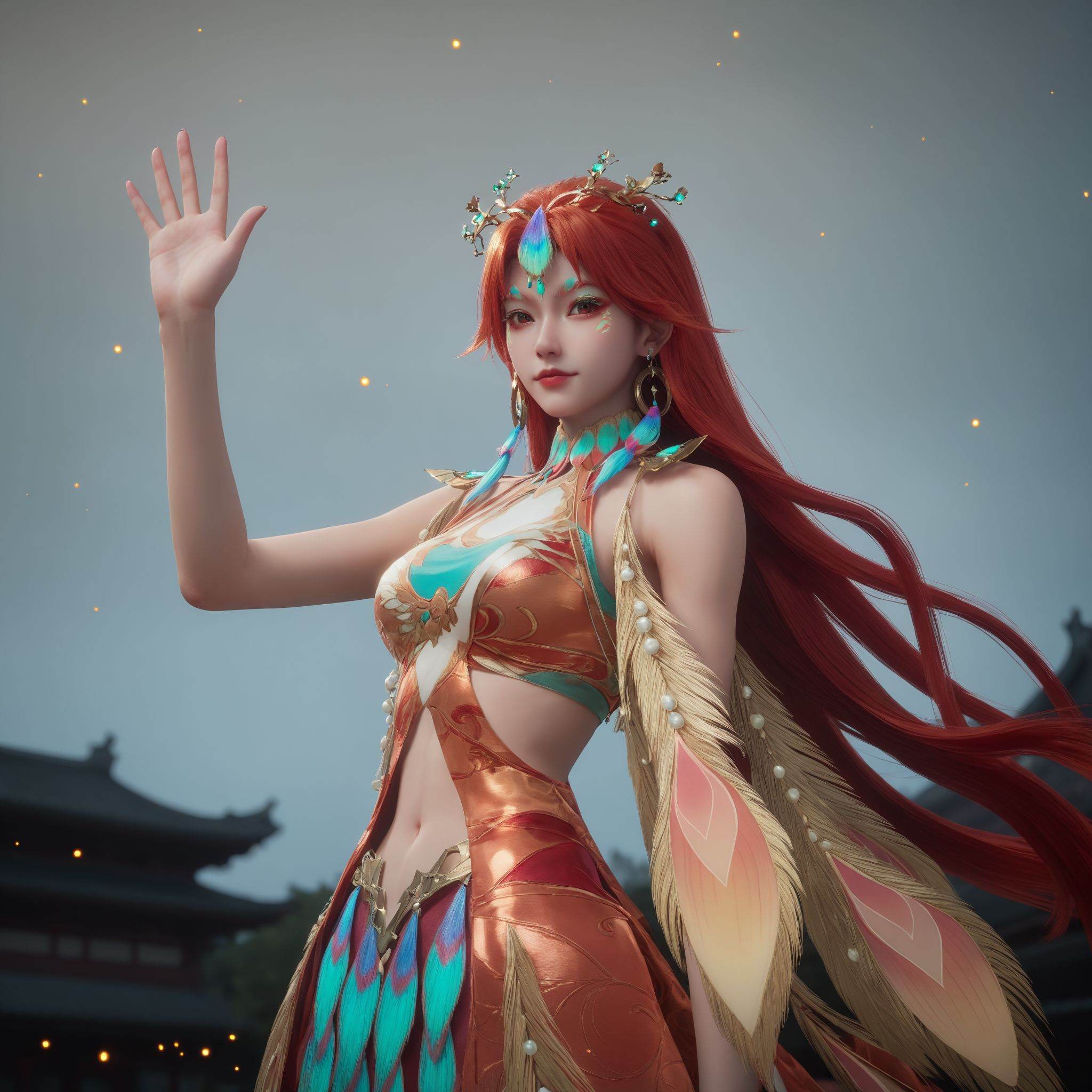 score_9,score_8_up,score_7_up,score_6_up,(arms_up:1.1),(waving:1.1),1girl,solo,gaden,the background is full of flowers,starry Nebula,beautiful detailed sky,looking at viewer,hand up, <lora:沧元图-柳七月-凤凰Pony:0.6>,long,flowing red hair,a vibrant,flowing skirt adorned with large,colorful,peacock-like feathers in shades of green,blue,and gold,cascading down her right side.,
