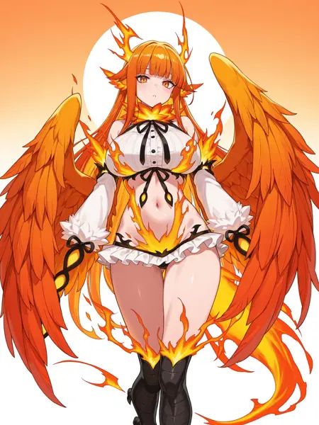 best quality, masterpiece, sharp resolution, high definition, ultra detailed, 8k, 1girl, solo, phoenixmge, phoenix, monster girl, harpy, winged arms, feathered wings, orange wings, large wings, fiery wings, bird ears, black talons, extra arms, white fur, neck ruff, fiery tail, orange tail, fire, orange hair, long hair, blunt bangs, orange eyes, large breasts, see-through dress, white shirt, white frills, white sleeves, navel, bare shoulders, detached sleeves, sleeves past fingers, fiery clothing, black ribbons, <lora:phoenixmge:0.8>