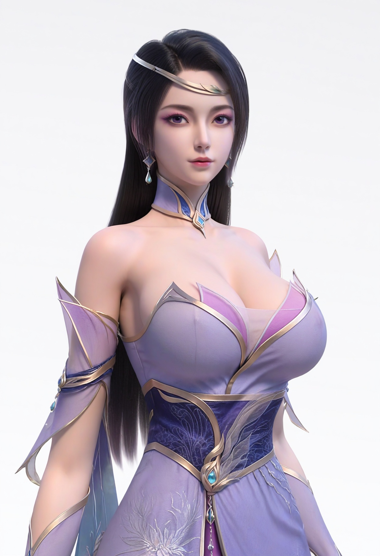 score_9,<lora:SF_ChuLingYu_Pony_Realism2.3-000004:0.7>,hair ornament,black hair,dress,long hair,eyeshadow,1girl,breasts,large breasts,dress,detached sleeves,solo,looking at viewer,white background,simple background,