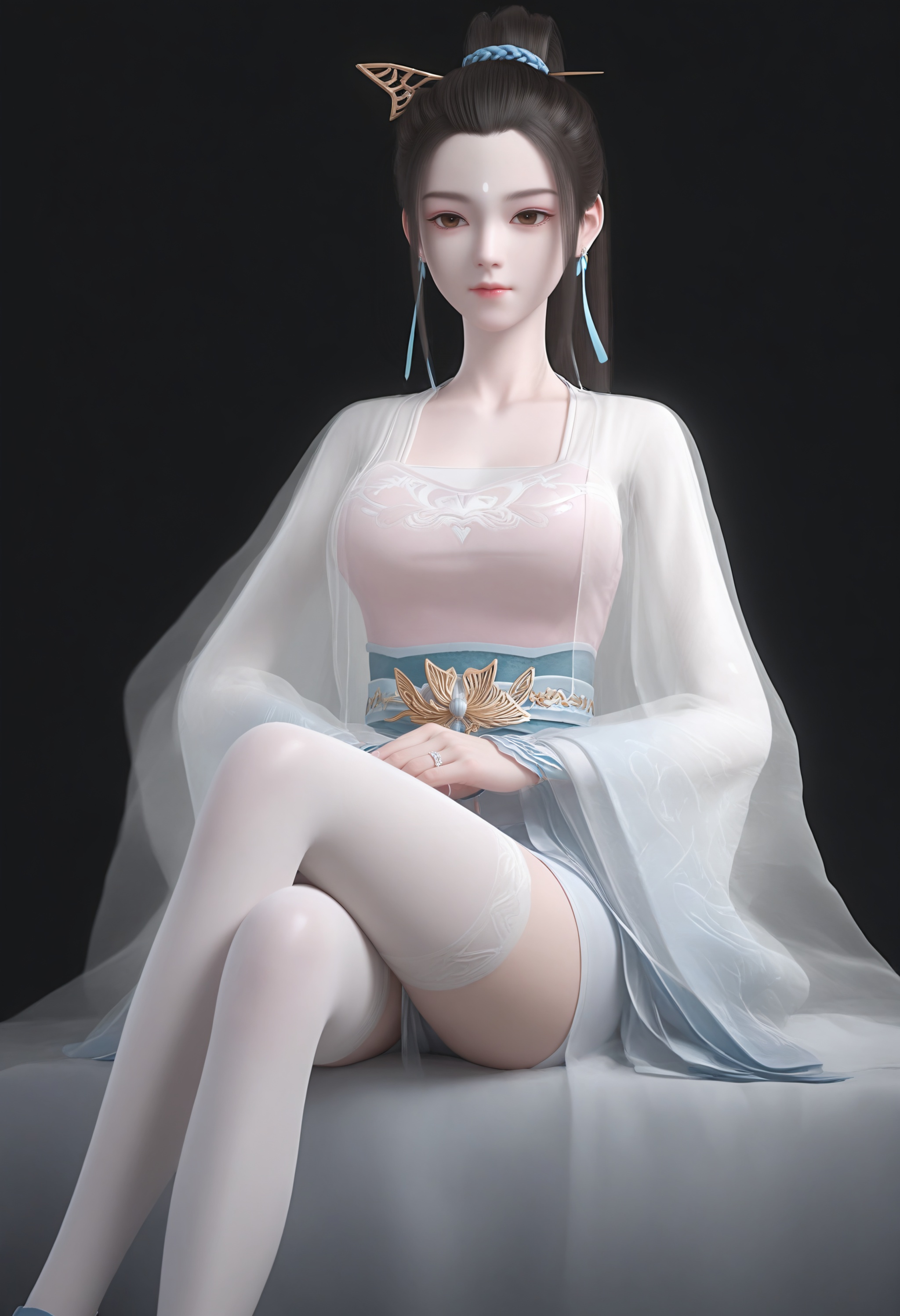 (score_9),light blush,body blush,<lora:应月茹-Apony:0.83>,yyr,1girl,solo,black hair,long hair,hair ornament,hair stick,hanfu,tassel earrings,ponytail,forehead mark,see-through,brown eyes,wide sleeves,belt,sash,glamor,skinny,collarbone,large breasts,see-through cleavage,see-through silhouette,see-through,skirt,shoes,sitting,(crossed legs),belt,white thighhighs,blue shoes,black background,OverallDetail,(white_skin),(Ivory_skin),<lora:perfect-eyes:0.8>,<lora:e色温:0.5>,<lora:Expressive_H:0.8>,<lora:e肤色滑块:0.5>,