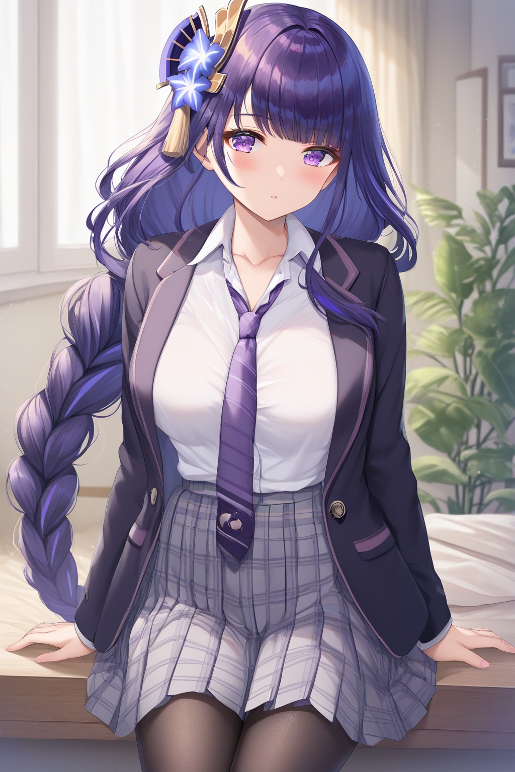 score_9,score_8_up,score_7_up,score_6_up,source_anime,source_cartoon,<lora:raiden shougunTuPONYXL-000001:0.8>,raiden shogun,1girl,solo,skirt,pantyhose,purple eyes,long hair,necktie,purple hair,braid,looking at viewer,shirt,purple necktie,jacket,breasts,school uniform,white shirt,long sleeves,collared shirt,black pantyhose,plaid skirt,blush,hair ornament,open clothes,pleated skirt,black jacket,indoors,braided ponytail,grey skirt,open jacket,very long hair,blazer,collarbone,large breasts,blunt bangs,plaid,:o,cleavage,