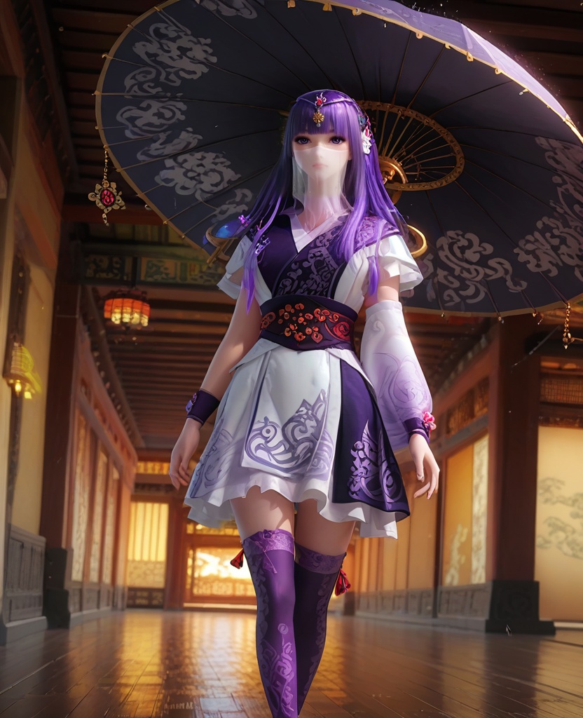 (oriental architecture, elegant decor, sophisticated style:1.1),(Walking with an umbrella in the rain, looking up with a sense of optimism and hope,:1.1),(breasts:1.2),<lora:XL16秦时明月少司命:0.95>,priestess of birth,short dress,veil,purple eyes,purple hair,long hair,hime cut,hair ornament,back-crossing sash,thighhighs,wristband,bell,, score_9,score_8_up,score_7_up,score_6_up,score_5_up,score_4_up,3d rendering,tag1,tag2, Cinematic Lighting,backlighting,