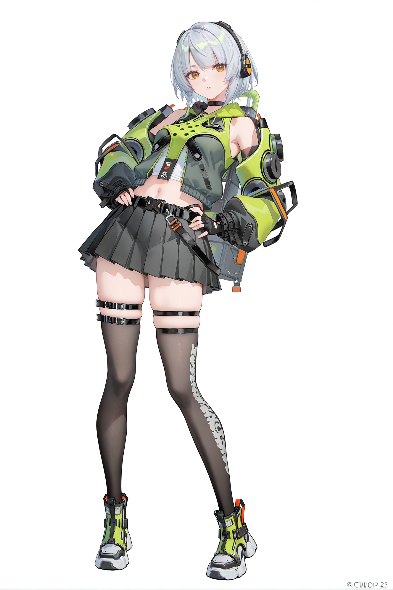 8k,best quality,masterpiece,(ultra-detailed),(high detailed skin),((artist:reoen),(artist:fuzichoco),(artist:atdan),(artist:torino_aqua),year 2024:0.8)1girl,[artist:wlop],[artist:ningen_mame],artist:ciloranko,[[artist:rhasta]],artist:tidsean,colorful,full body,full shot,standing,looking at viewer,(solo:1.2),simple background,(white background:1.2),hand on own hip,(white background:1.1),<lora:anbinew-ill-Tanger-000013:0.9>,headphones,anby demara,clothes: def green jacket with black pleated skirt,def clothes,1girl,black fingerless gloves,black thighhighs,orange eyes,
