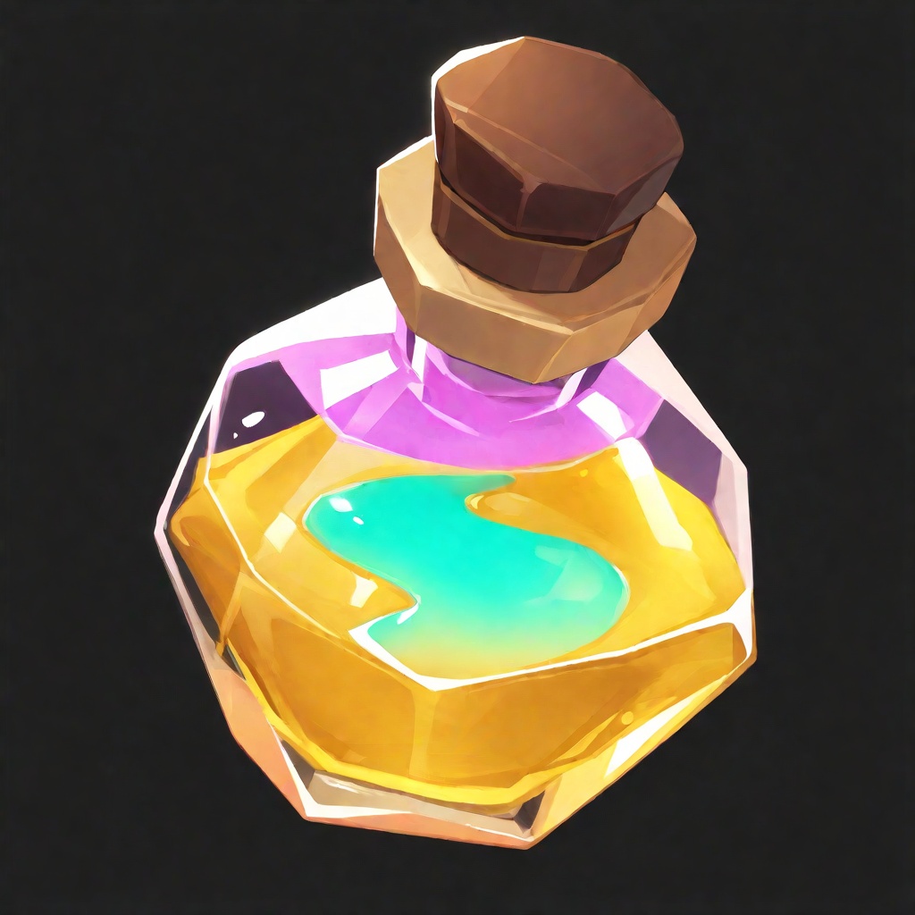 best quality,masterpiece,ultra high resolution,25-degree perspective,full composition,A Medieval Stardust Potion,transparent glass bottle with dark brown cork stopper containing vertically gradient lilac to coral pink liquid,glowing white spots and golden-yellow linear elements suspended within the liquid,smooth cylindrical glass body with visible refraction patterns,<lora:T2-bb:0.85>,ywbo,game_icon,